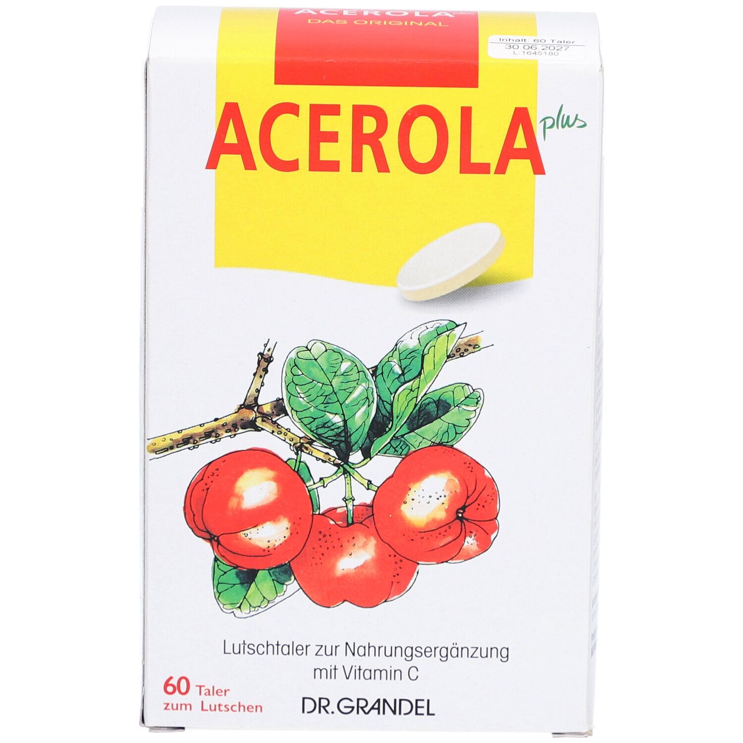 Boîte blanche Acerola Plus Lutschtaler. Inscription: Acerola plus, illustration de fruits d'acérola, 60 pastilles, DR. GRANDEL.