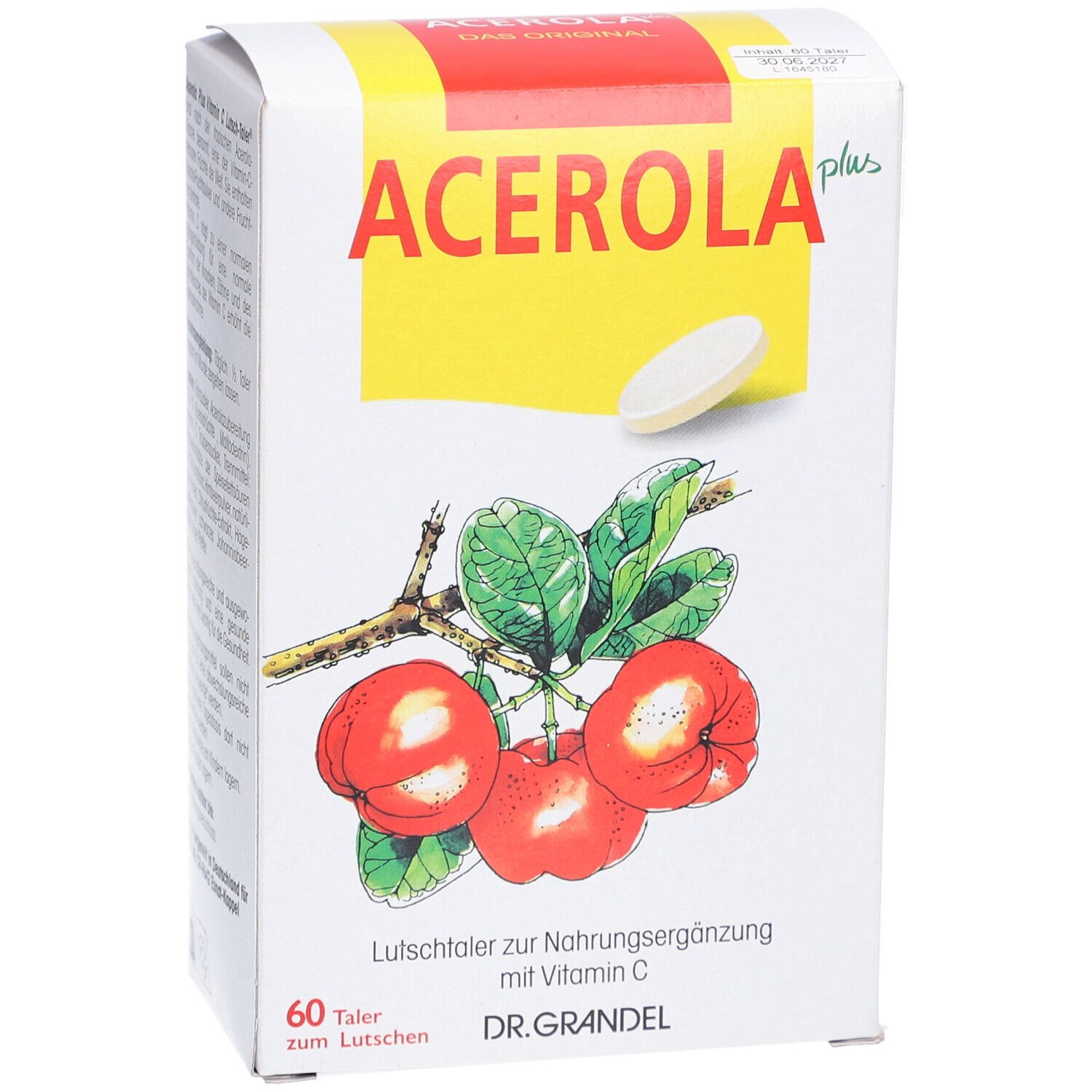 Boîte blanche Acerola Plus Lutschtaler. Inscription: Acerola plus, illustration de fruits d'acérola, 60 pastilles, DR. GRANDEL.