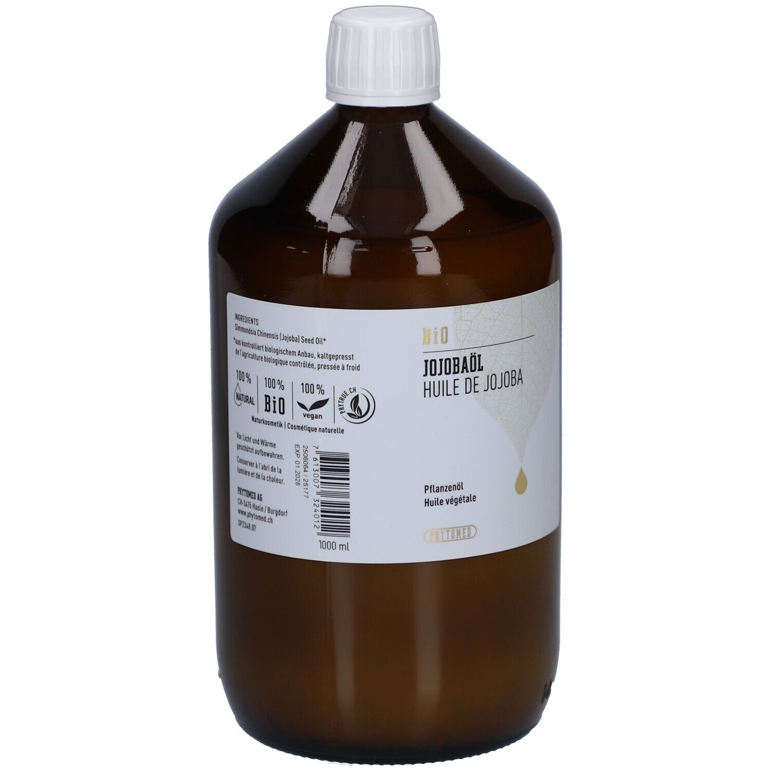 Flacon en verre brun avec bouchon blanc. Étiquette avec informations produit : BIO Huile de Jojoba, 100% pure et naturelle. Huile végétale.
