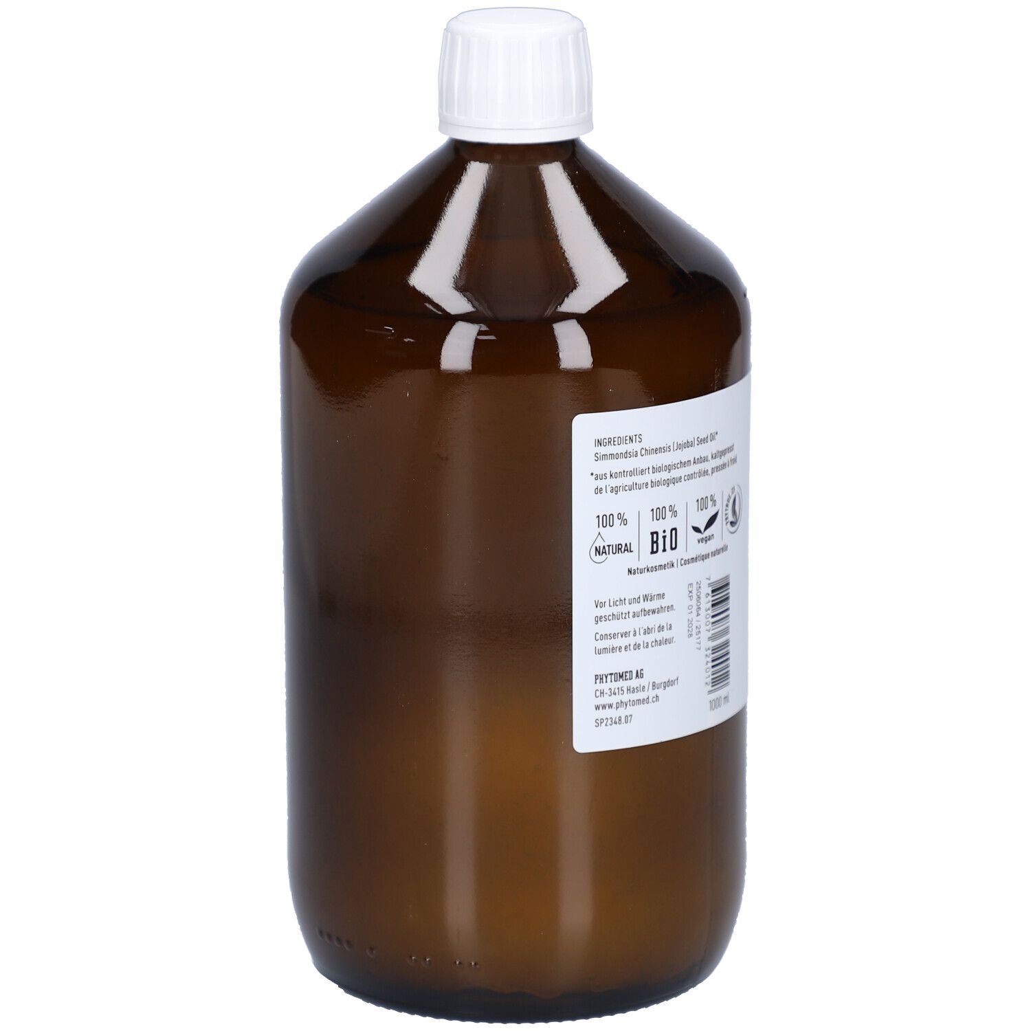 Flacon en verre brun avec bouchon blanc. Étiquette avec ingrédients et certification BIO. Vue arrière du flacon.