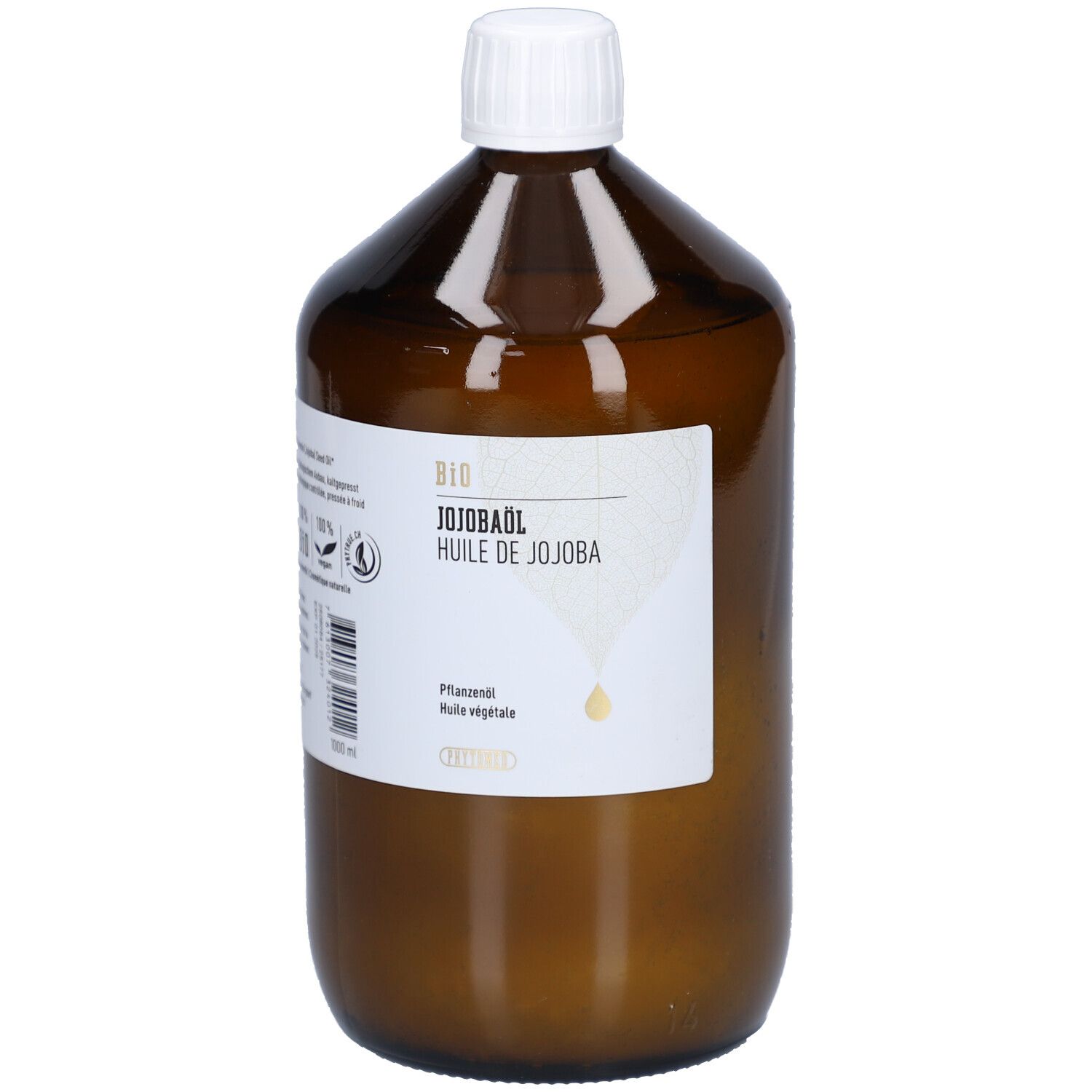 Flacon en verre brun avec bouchon blanc. Étiquette avec informations produit : BIO Huile de Jojoba, 100% pure et naturelle. Huile végétale.
