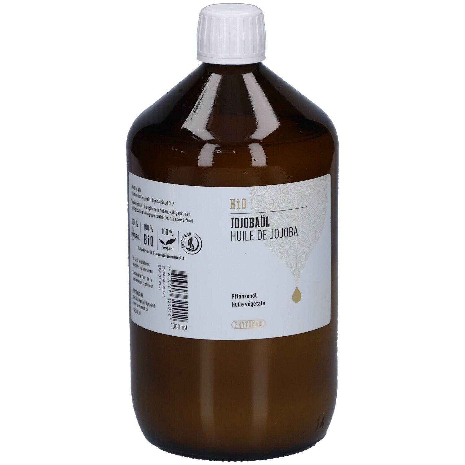 Flacon en verre brun avec bouchon blanc. Étiquette avec informations produit : BIO Huile de Jojoba, 100% pure et naturelle. Huile végétale.