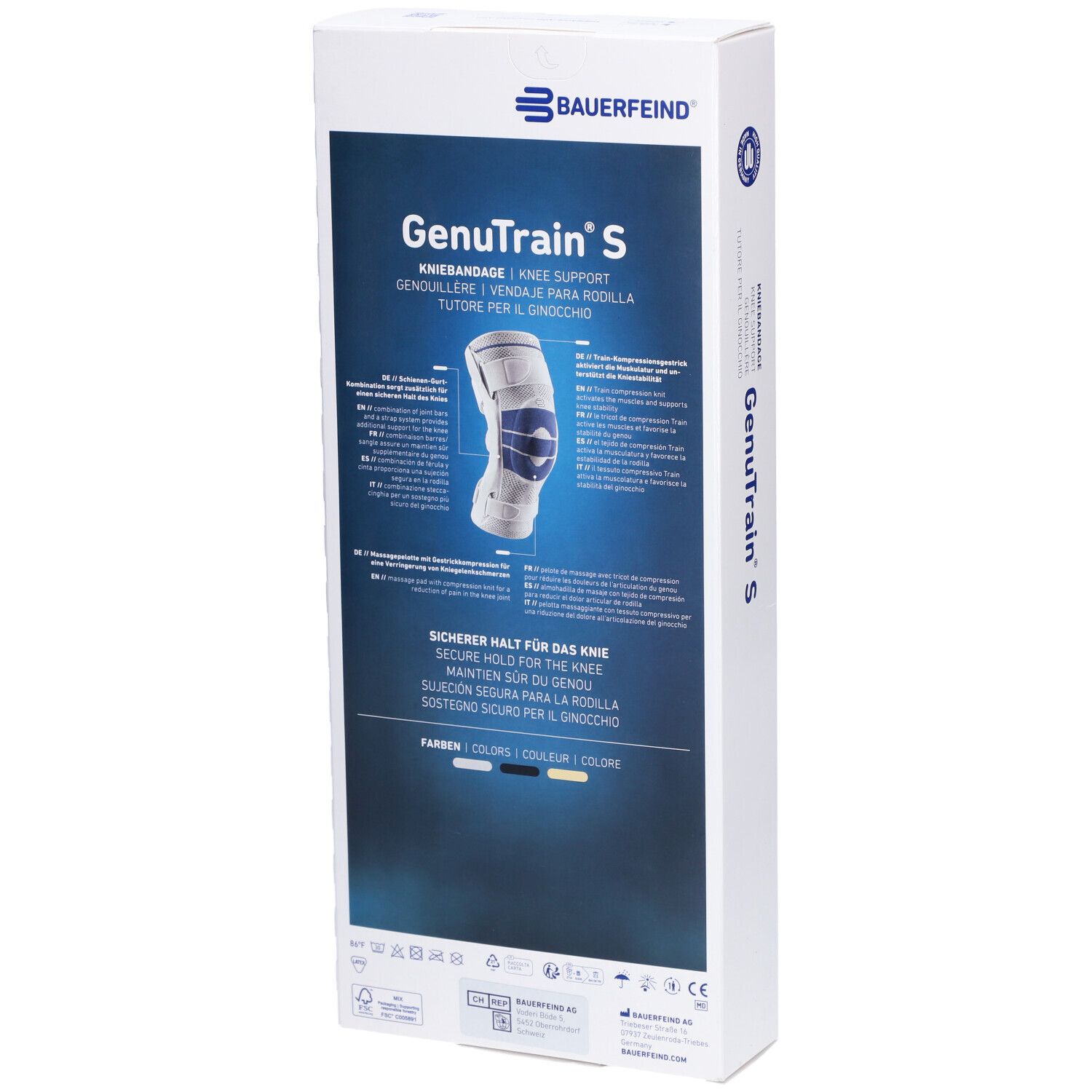Emballage de l'attelle de genou GenuTrain S. Marque Bauerfeind. Dos avec informations sur le produit. Texte : Attelle de genou, stabilisateurs articulaires.