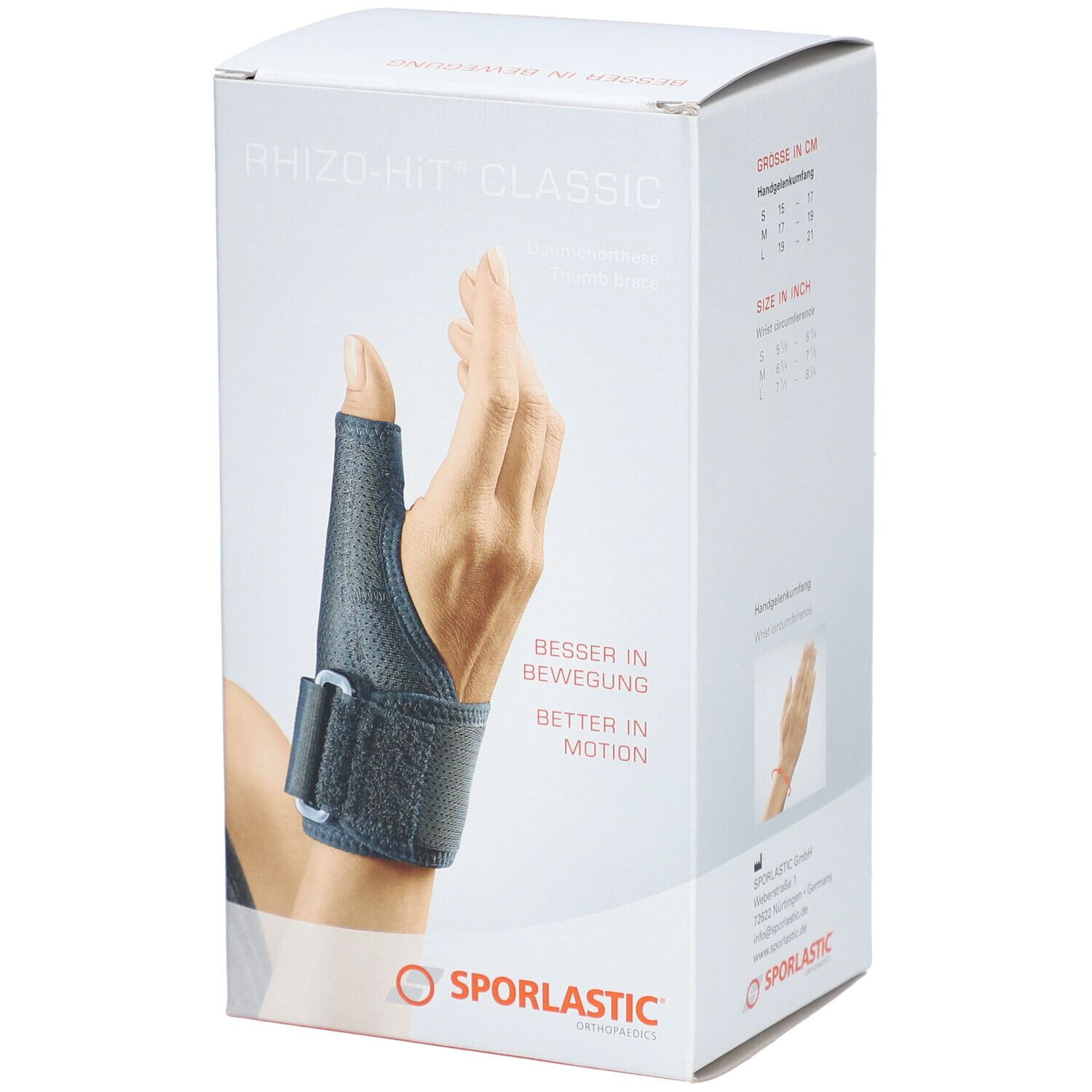 Emballage de l'orthèse de pouce SPORLASTIC Rhizo-Hit Classic. Image du produit avec main et orthèse. Taille 17-19 cm, couleur noire.