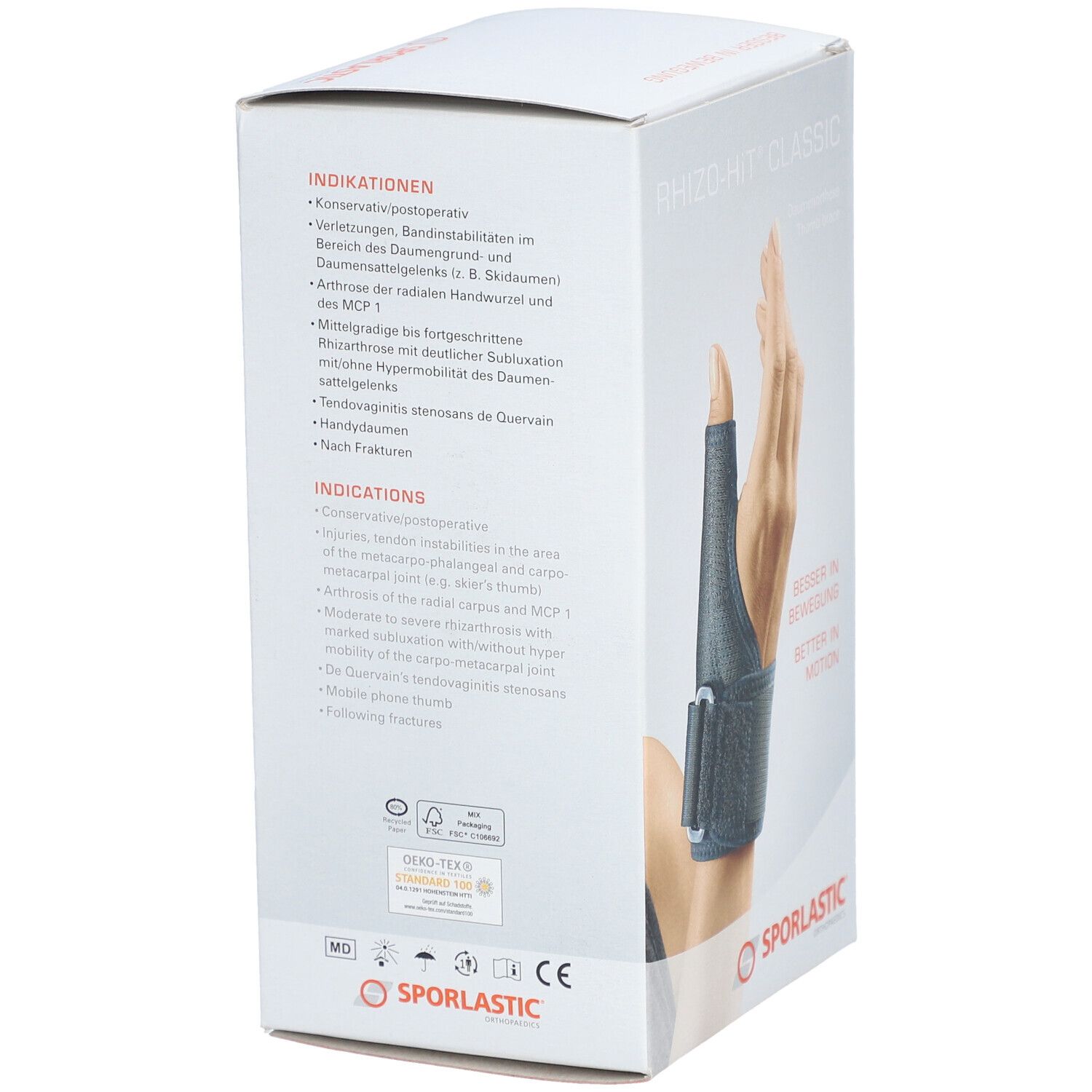 Emballage de l'orthèse de pouce SPORLASTIC Rhizo-Hit Classic. Informations produit : indications, matériau, certification.