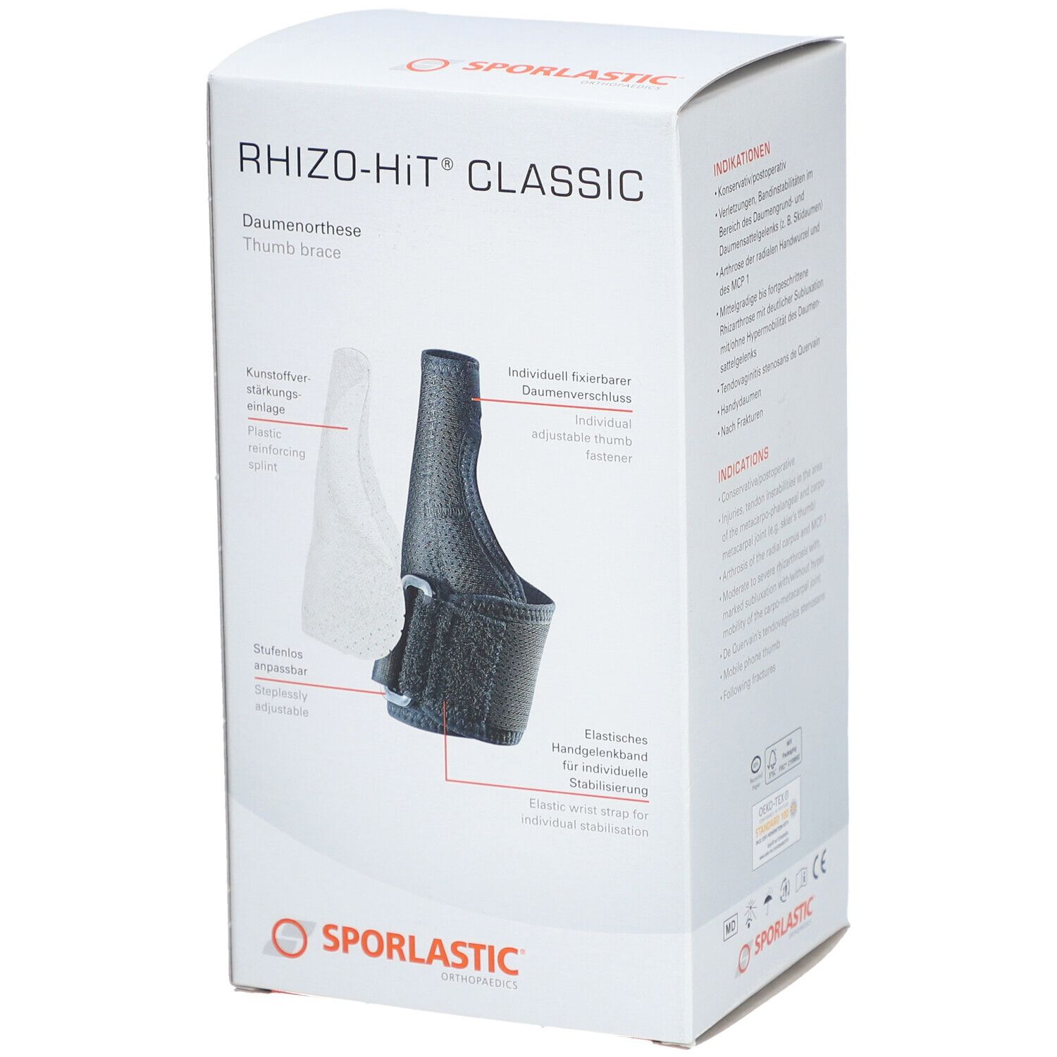 Emballage de l'orthèse de pouce SPORLASTIC Rhizo-Hit Classic. Image du produit et vue détaillée de l'orthèse.
