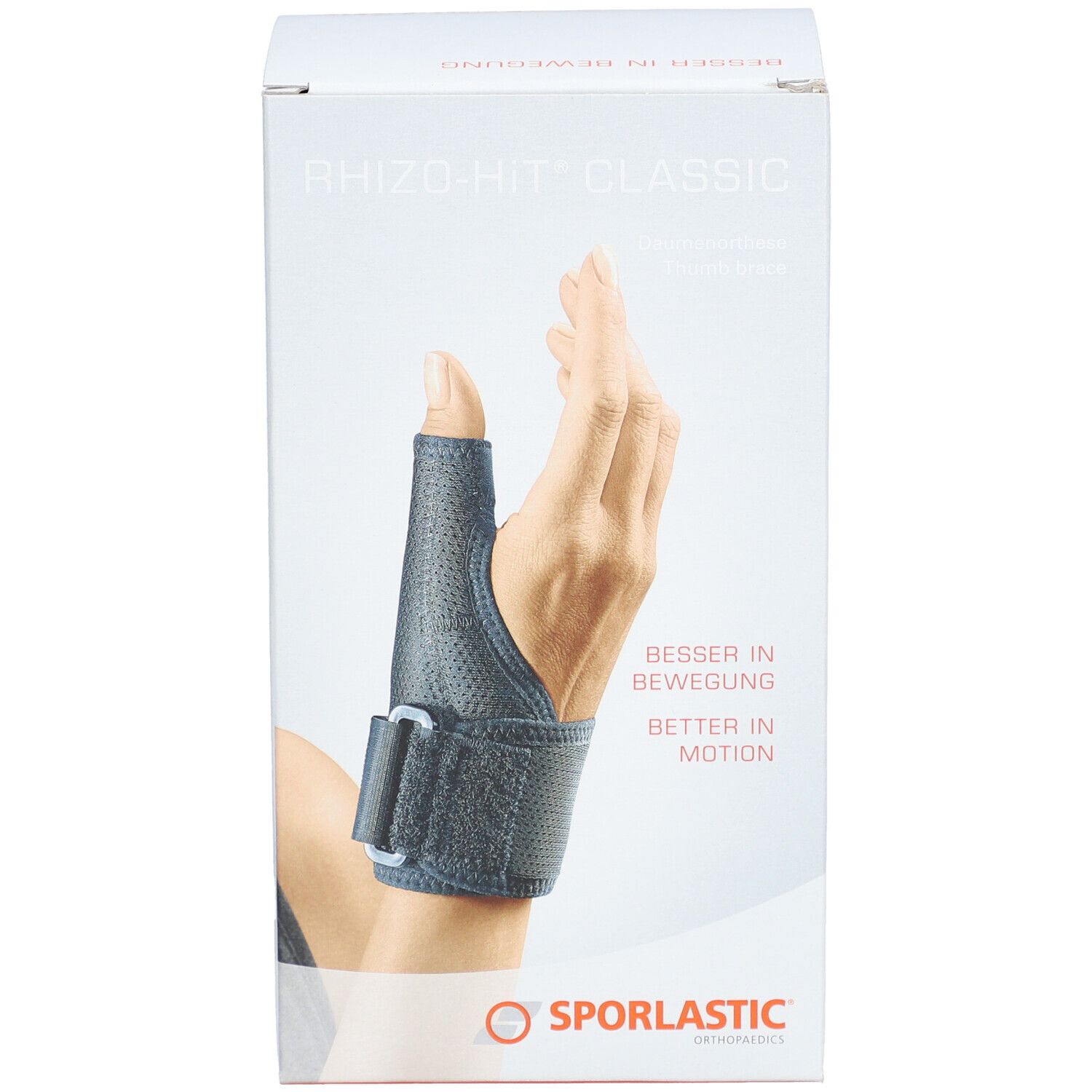 Orthèse de pouce SPORLASTIC Rhizo-Hit Classic, noire, fixée au poignet. Taille 17-19 cm. Image du produit.