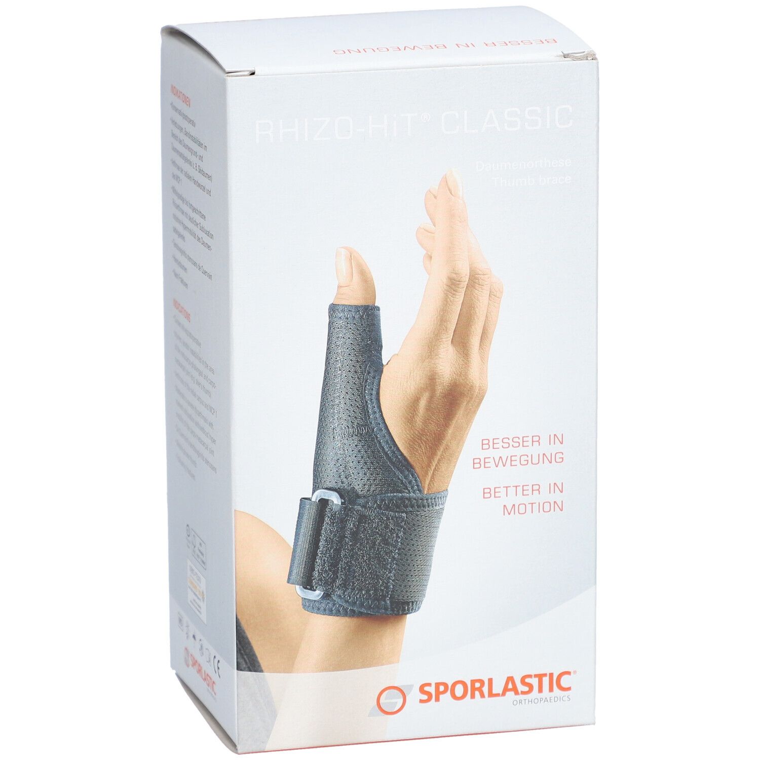Orthèse de pouce SPORLASTIC Rhizo-Hit Classic, noire, fixée au poignet. Taille 17-19 cm. Image du produit.