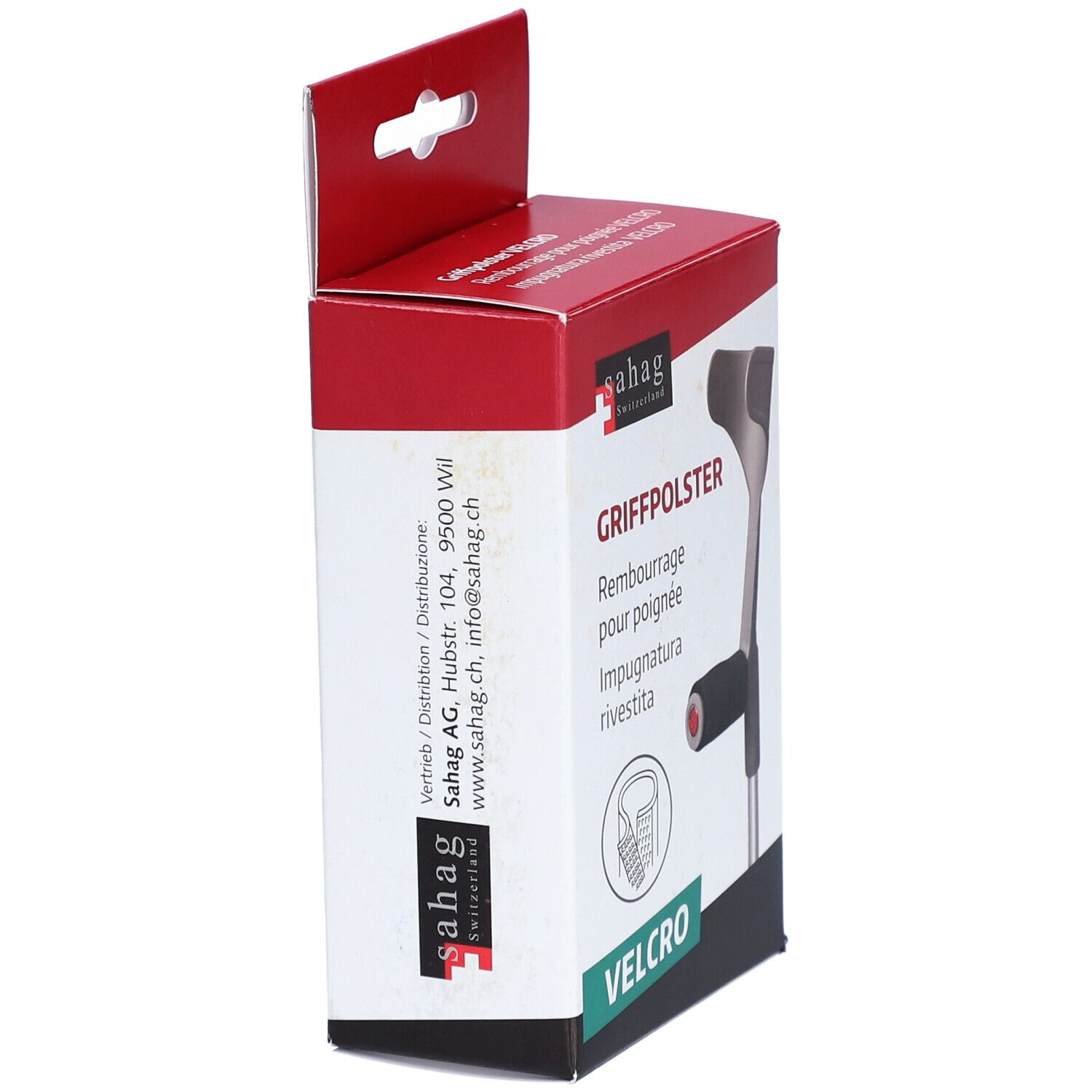 Vue latérale de l'emballage du coussin de poignée. Marque : Sahag. Texte : Griffpolster, Velcro. Illustration d'une poignée de béquille. Emballage rouge et blanc.