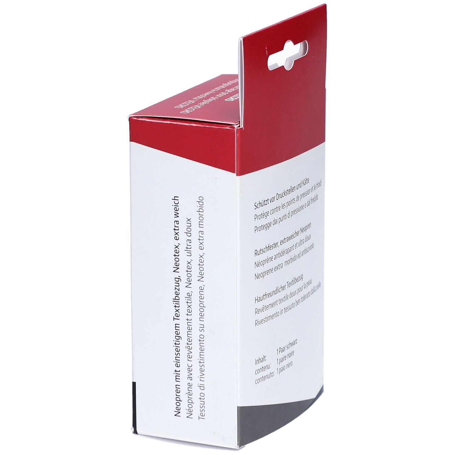 Vue latérale de l'emballage avec texte. Texte : Néoprène avec revêtement textile, extra doux. Contenu : 1 paire noire.