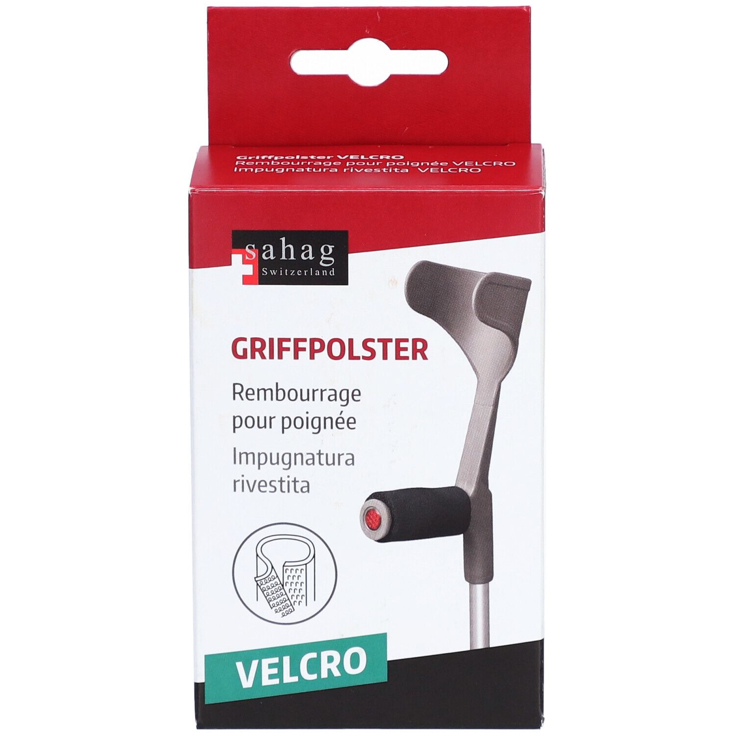 Emballage de coussin de poignée. Marque : Sahag. Texte : Griffpolster, Velcro. Illustration d'une poignée de béquille. Emballage rouge et blanc.