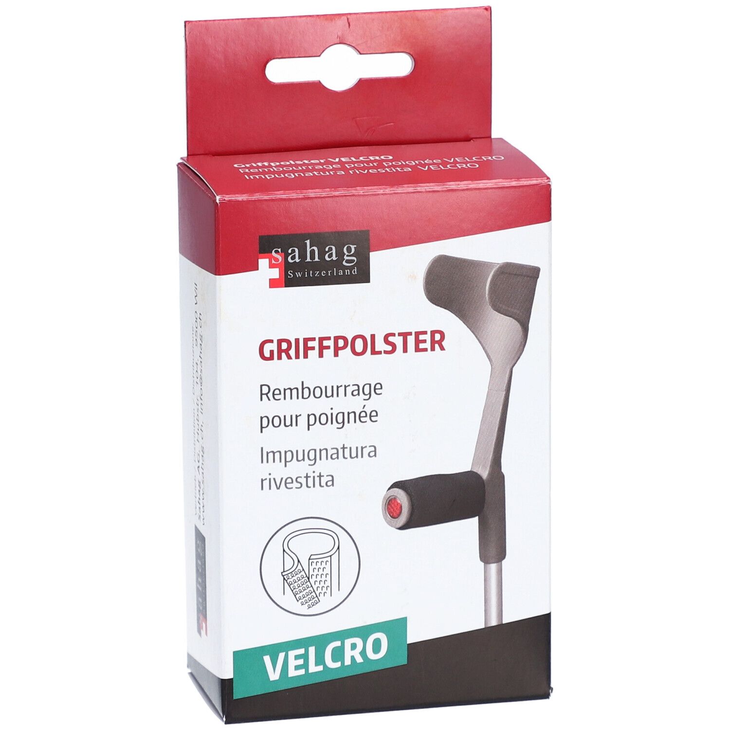 Emballage de coussin de poignée. Marque : Sahag. Texte : Griffpolster, Velcro. Illustration d'une poignée de béquille. Emballage rouge et blanc.
