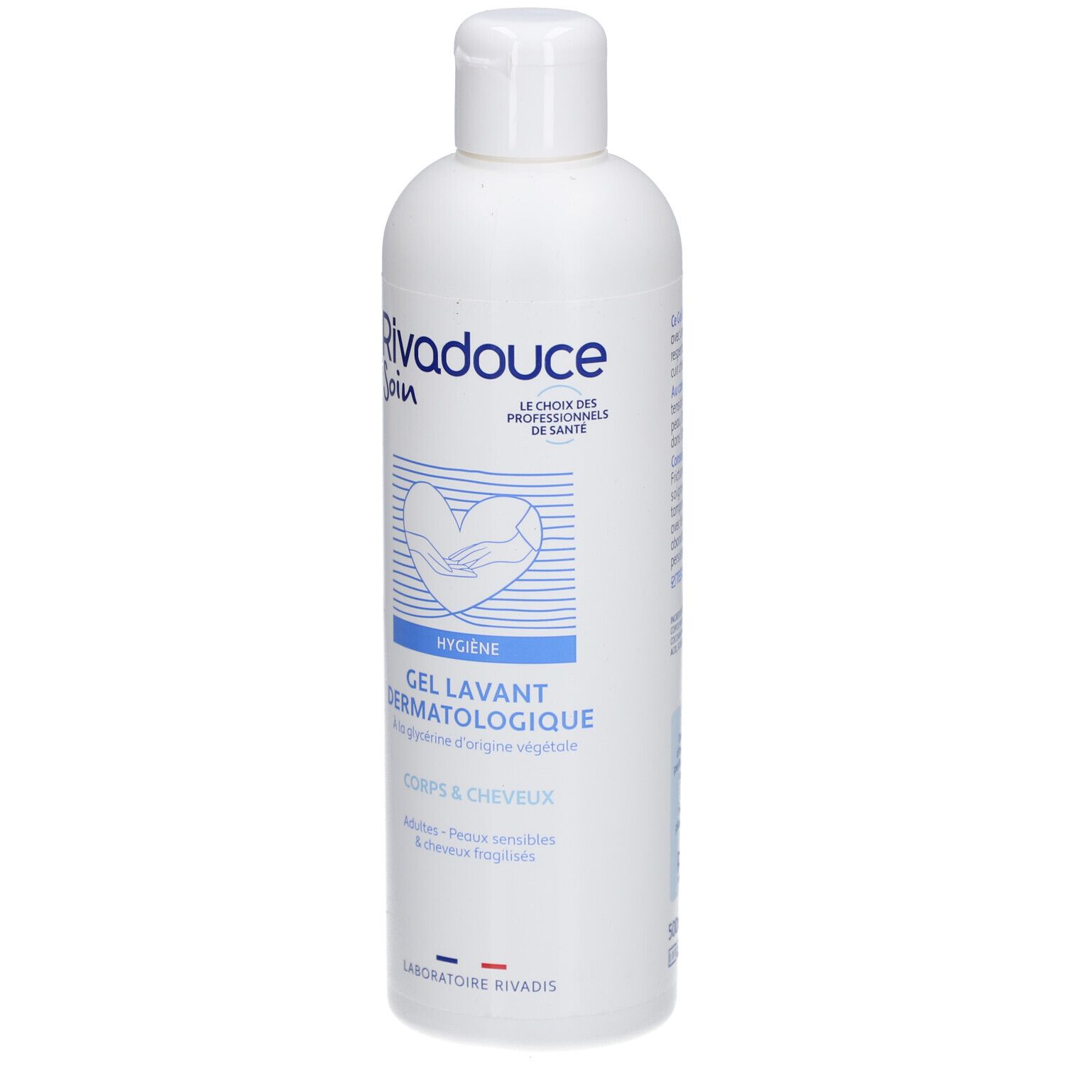 Flacon blanc RIVADOUCE. Texte bleu: "Gel Lavant Dermatologique". Pour corps et cheveux. Logo mains et cœur.