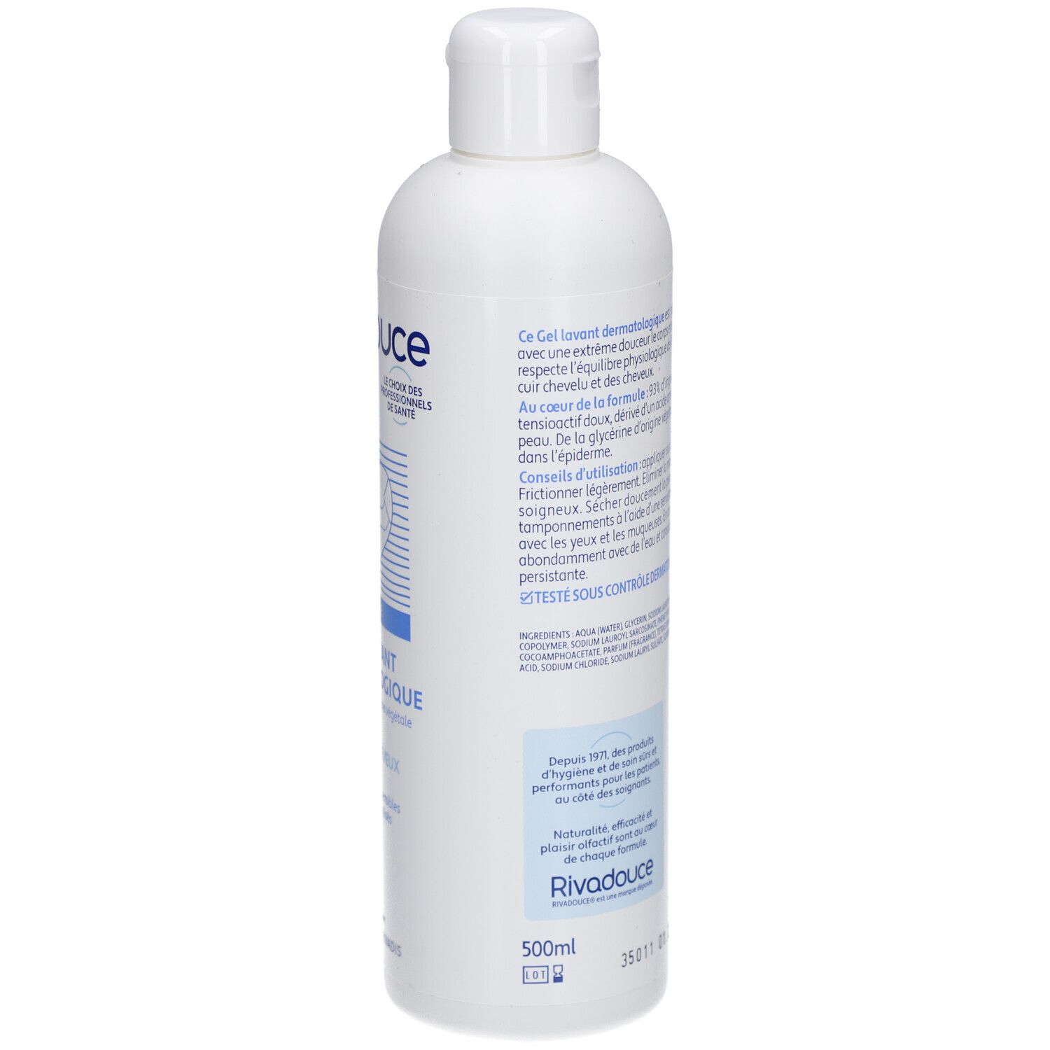 Flacon blanc RIVADOUCE. Inscription "Gel Lavant Dermatologique". Volume 500ml. Texte en français.
