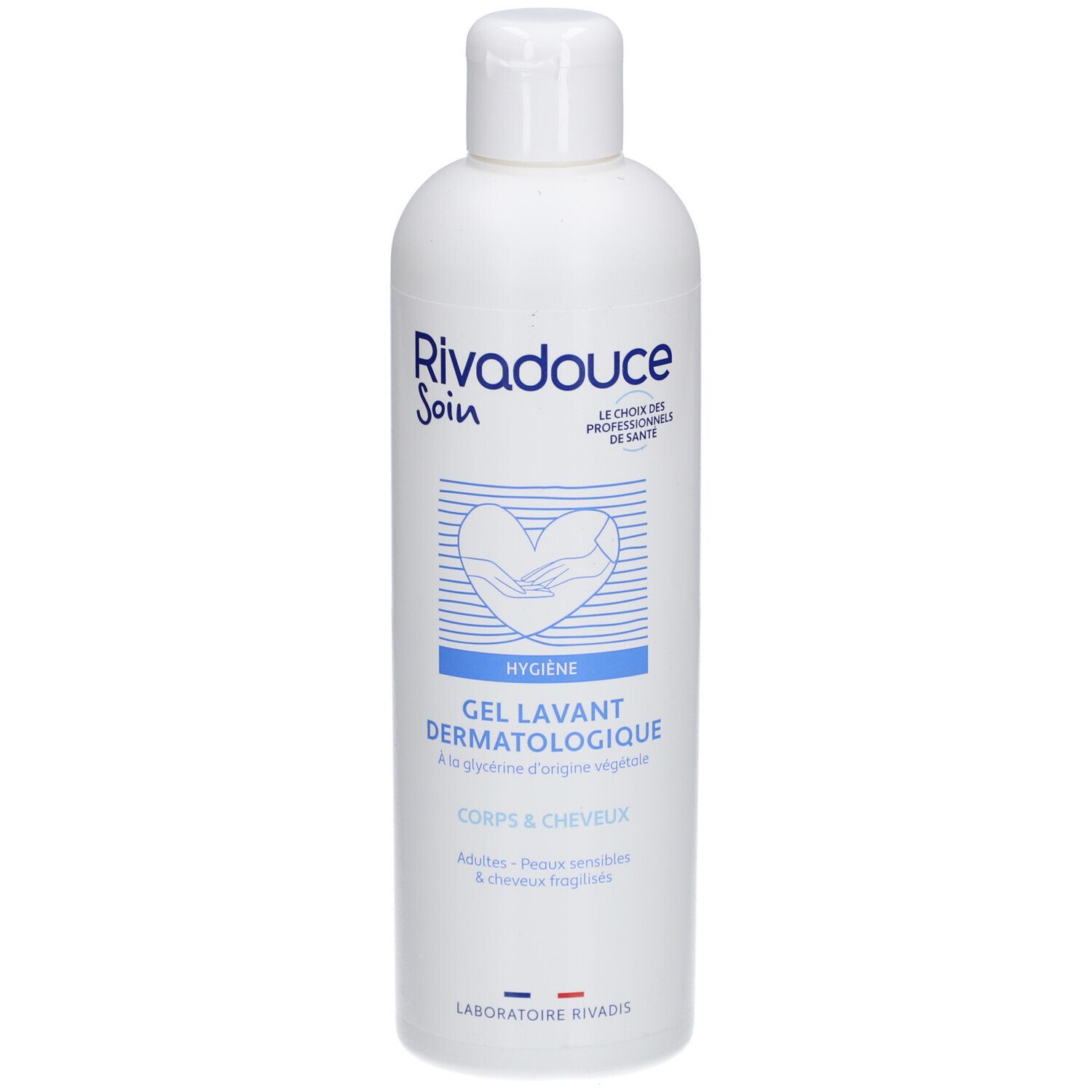 Flacon blanc RIVADOUCE. Texte bleu: "Gel Lavant Dermatologique". Pour corps et cheveux. Logo mains et cœur.