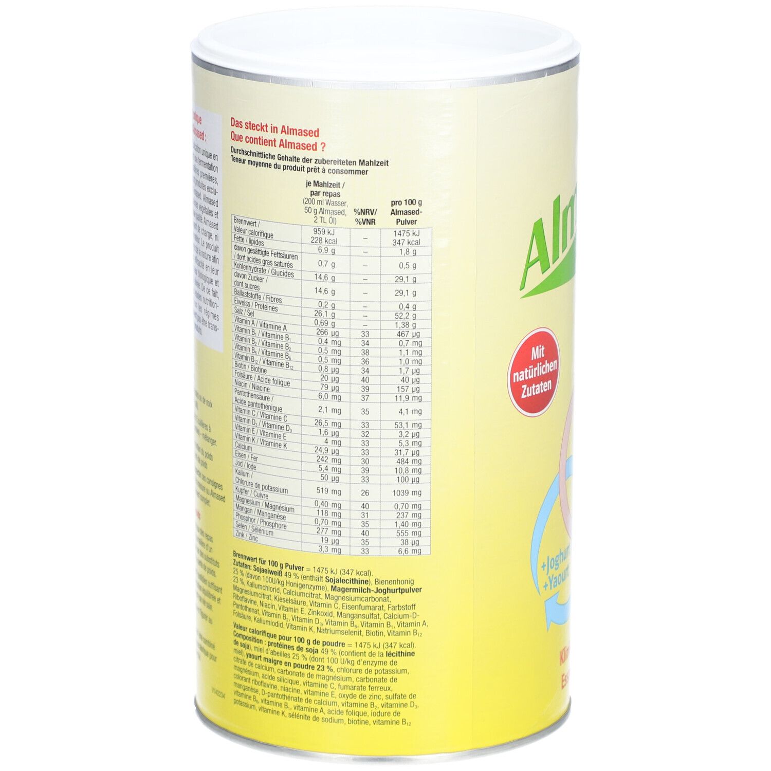 Boîte ALMASED®, dos avec tableau nutritionnel et texte. "Avec des ingrédients naturels".