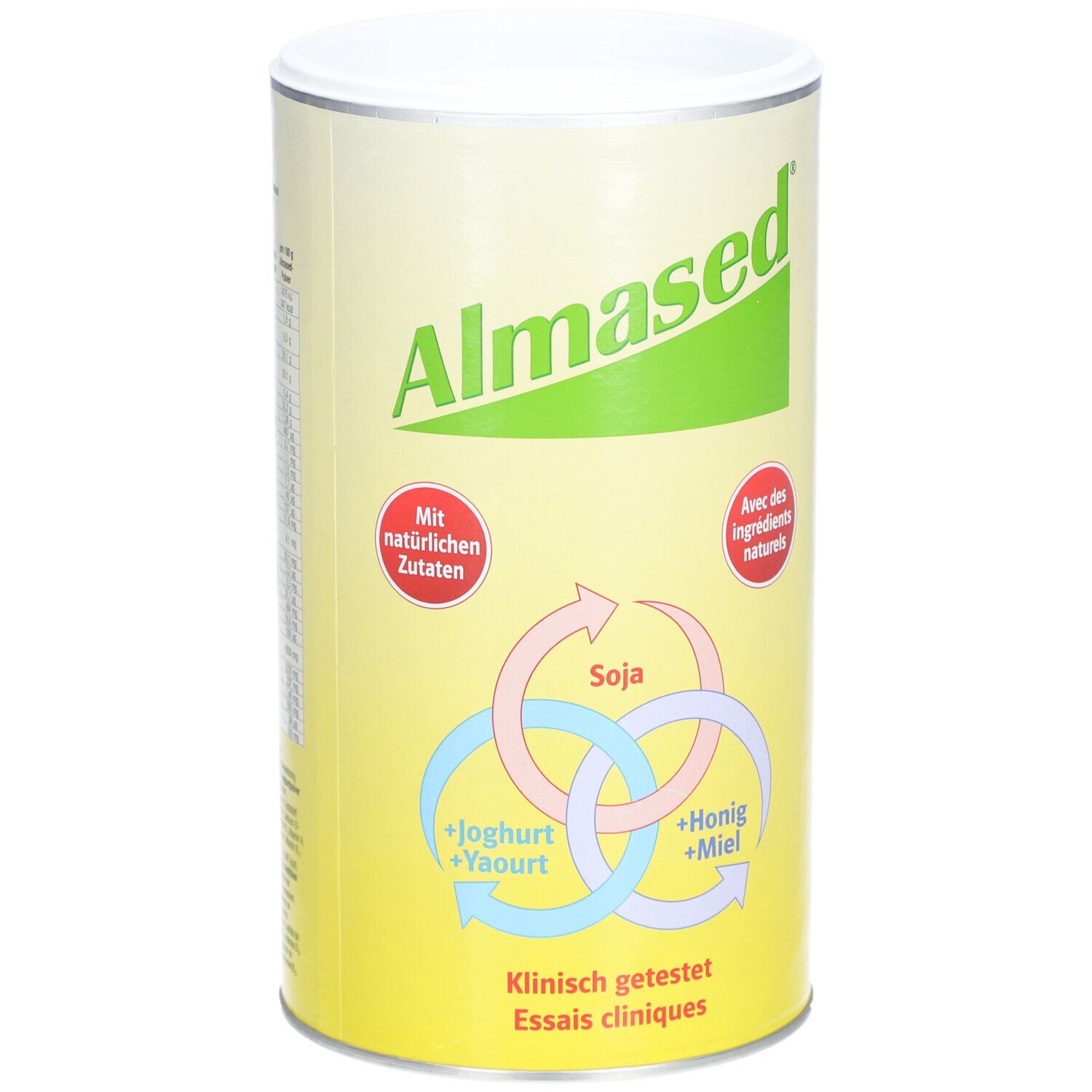 Boîte cylindrique ALMASED® Vitalität Poudre. Design vert-jaune. Logos : Soja, Yaourt, Miel. "Avec des ingrédients naturels".