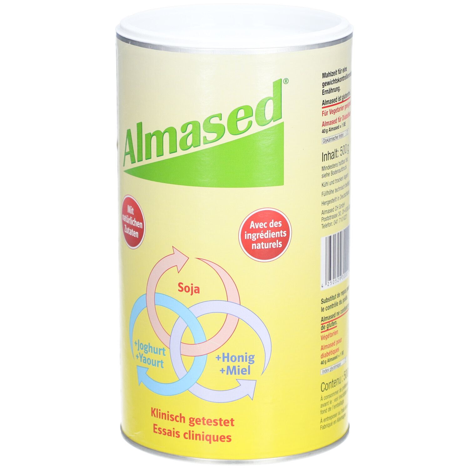 Boîte ALMASED®, design vert-jaune. Logos : Soja, Yaourt, Miel. "Avec des ingrédients naturels". Code-barres.