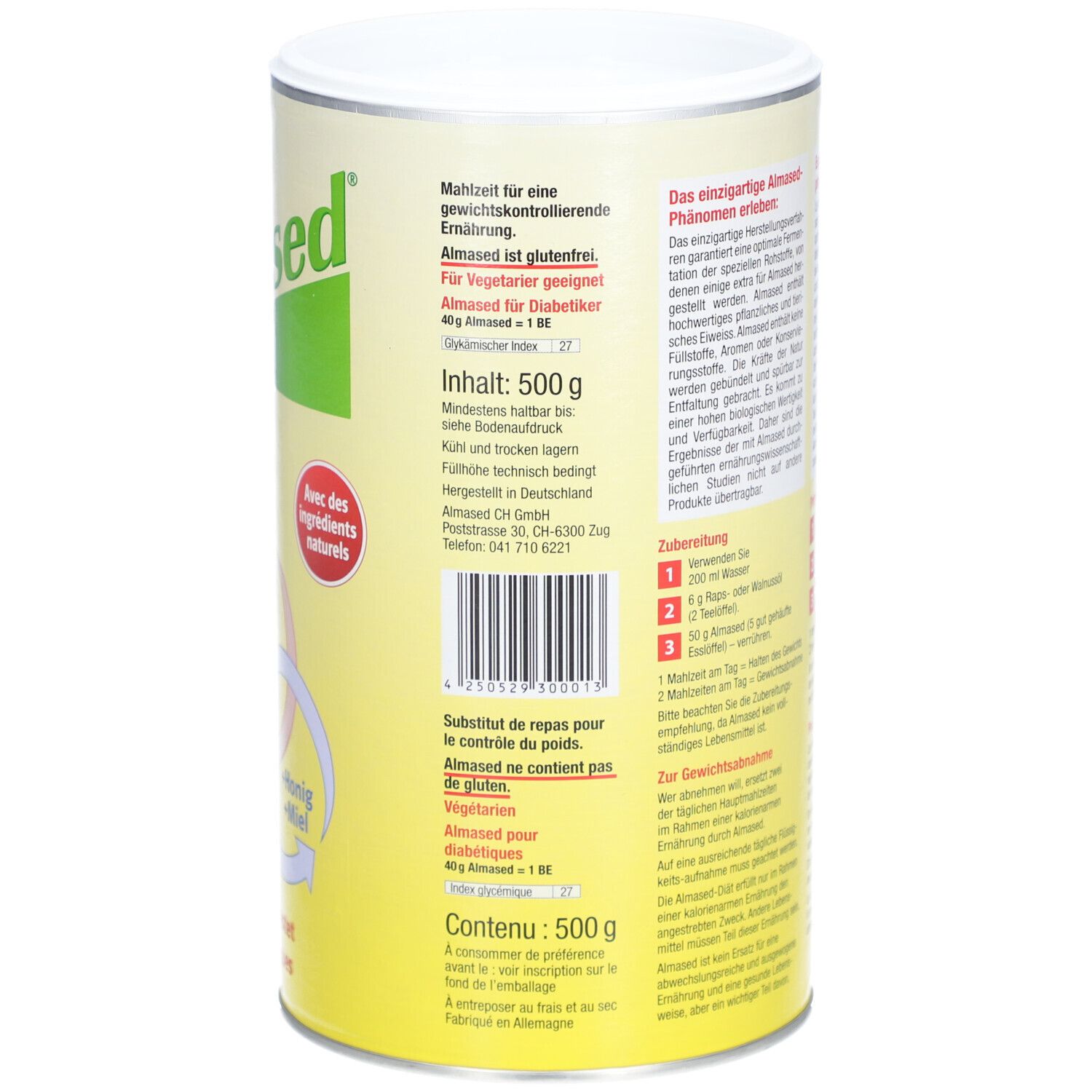 Boîte ALMASED®, dos avec texte. Contenu : 500 g. Sans gluten. Convient aux diabétiques. Instructions de préparation.