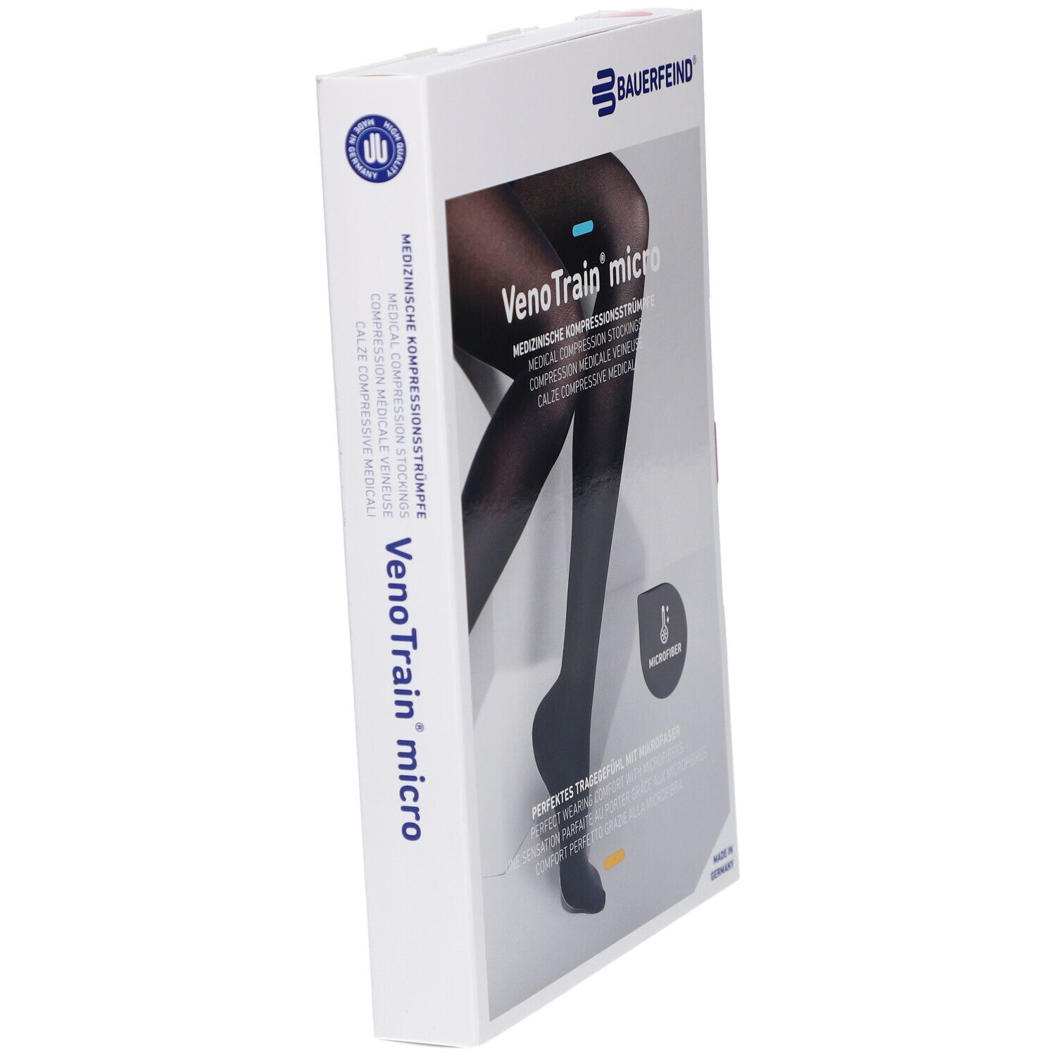 Boîte de bas de compression VenoTrain micro. Marque : BAUERFEIND. Inscription : Taille S, CCL2. Couleur : noir.