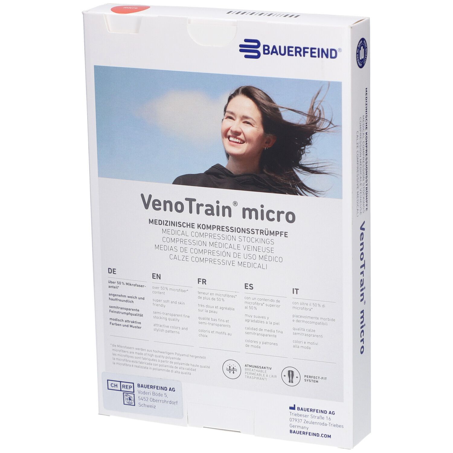 Boîte de bas de compression VenoTrain micro. Inscription : bas de compression médicale. Couleur : noir.