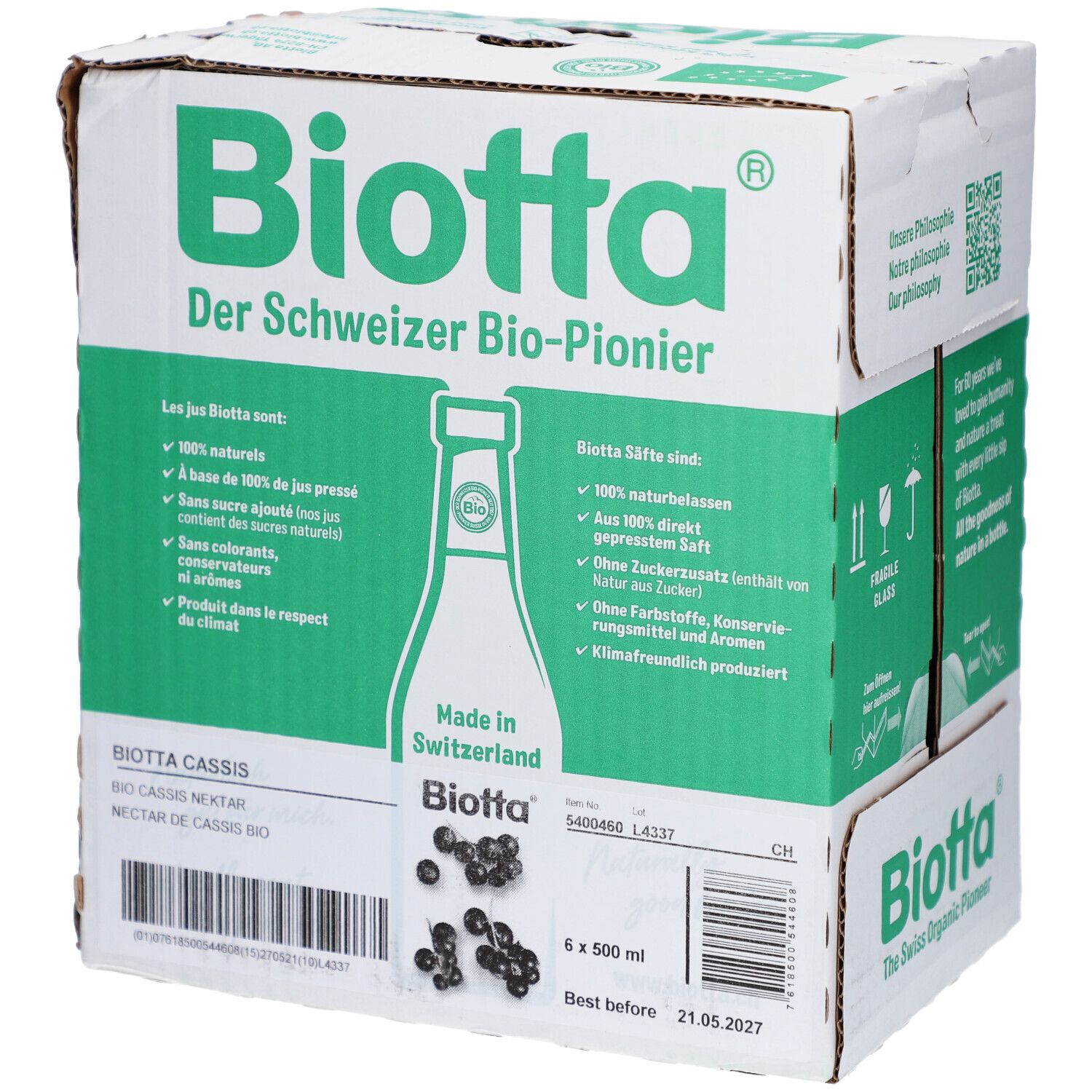 Carton avec logo BIOTTA et informations produit. Contient 6 bouteilles de nectar de cassis. Inscriptions : "Der Schweizer Bio-Pionier", "Made in Switzerland".