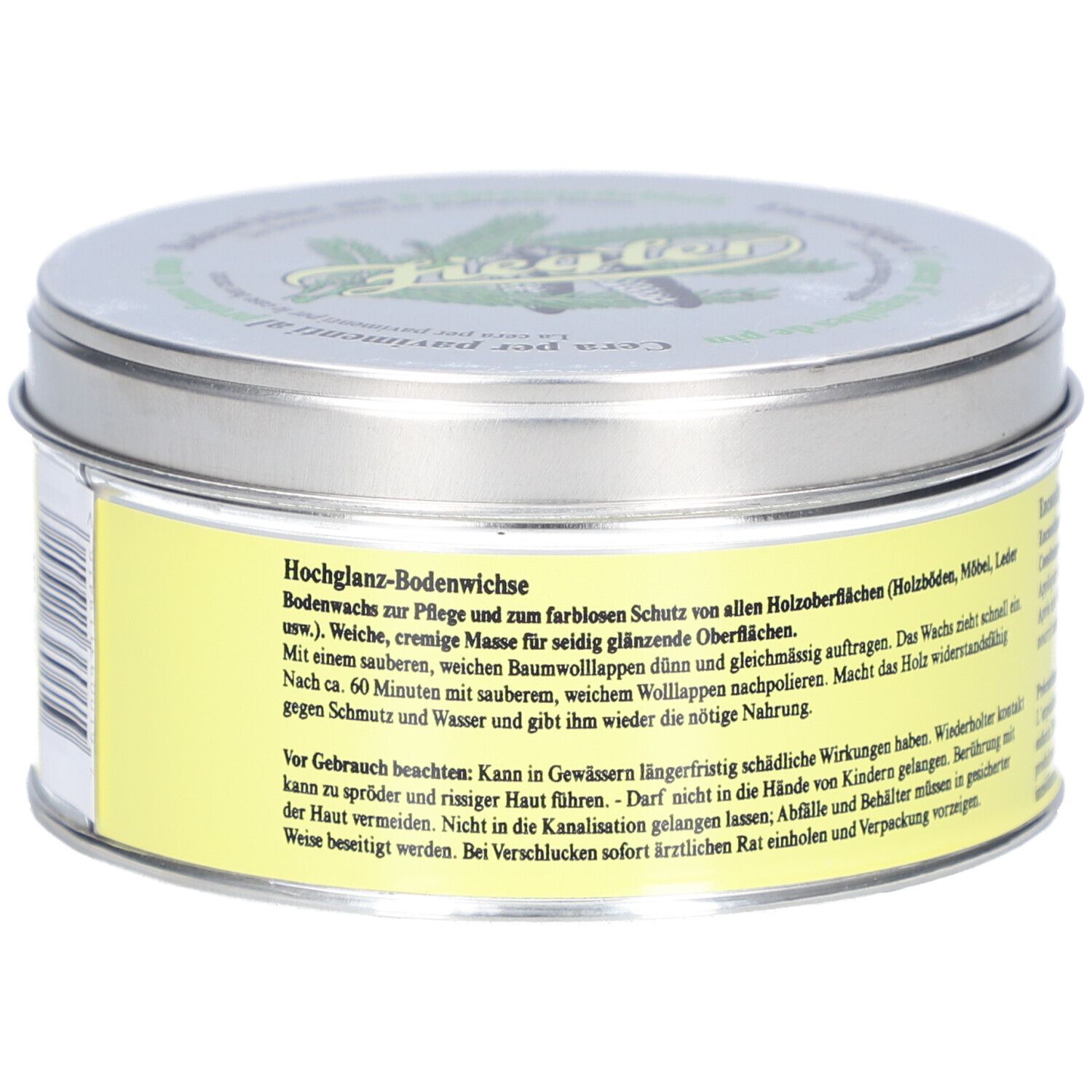Boîte ronde avec étiquette jaune. Texte : Hochglanz-Bodenwichse. Boîte métallique.