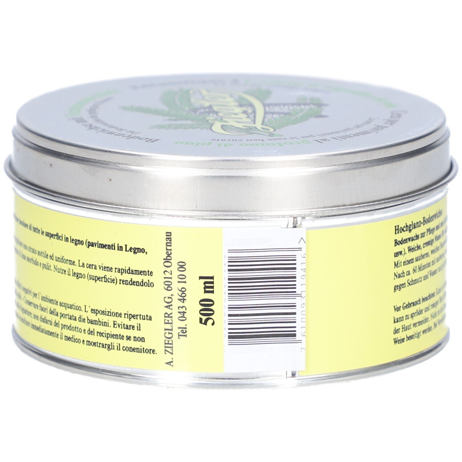 Boîte ronde avec étiquette jaune. Texte : 500 ml. Code-barres. Boîte métallique.