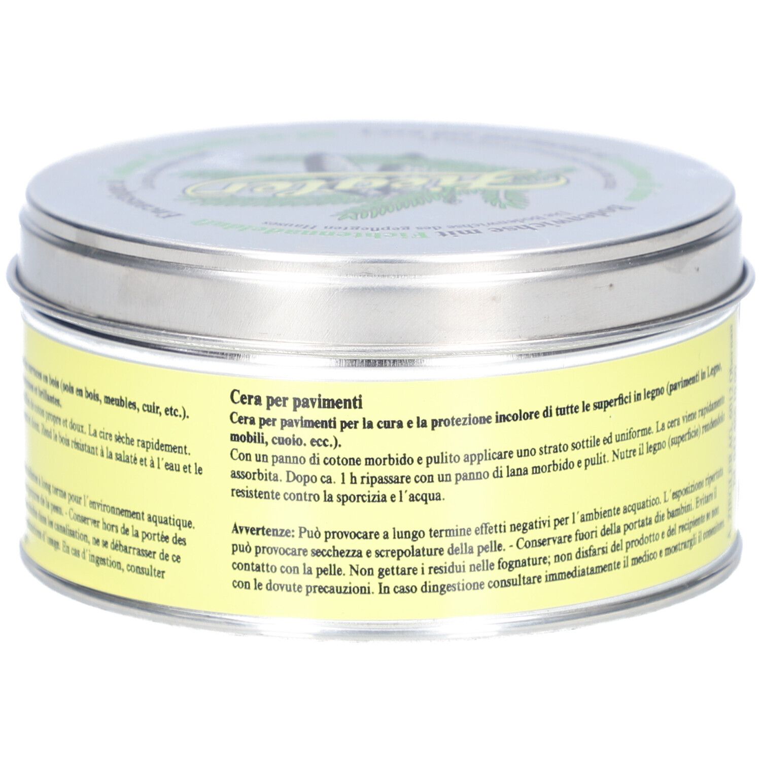 Boîte ronde avec étiquette jaune. Texte : Cera per pavimenti. Boîte métallique.