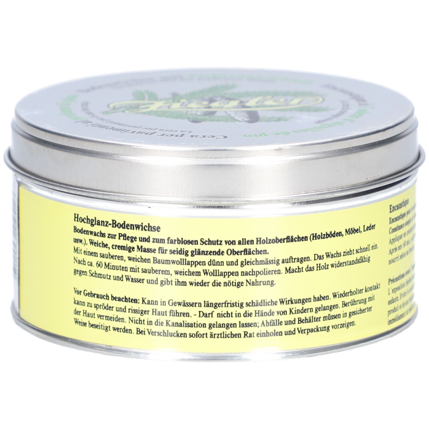 Boîte ronde avec étiquette jaune. Texte : Hochglanz-Bodenwichse. Couvercle avec logo. Boîte métallique.