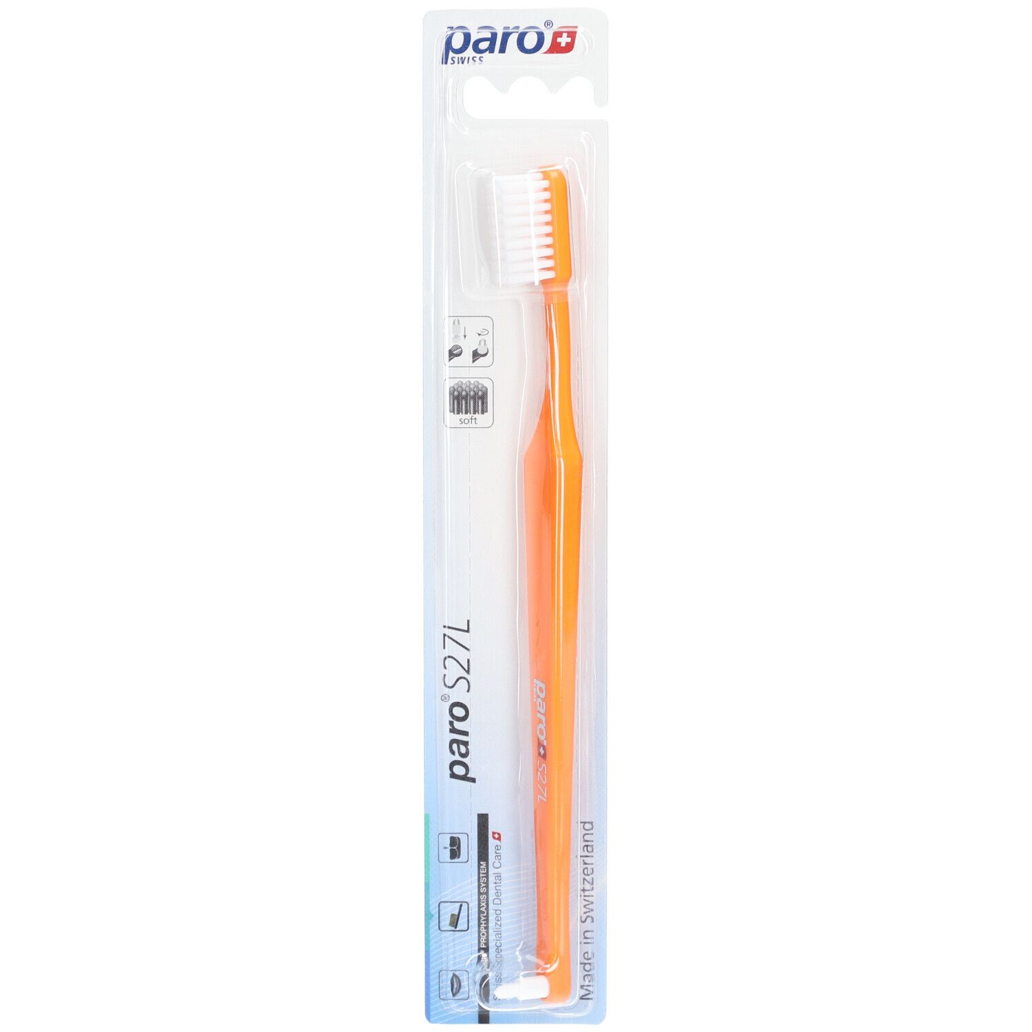 Brosse à dents orange et blanche, emballée. Marque paro, modèle S27L. Fabriqué en Suisse.