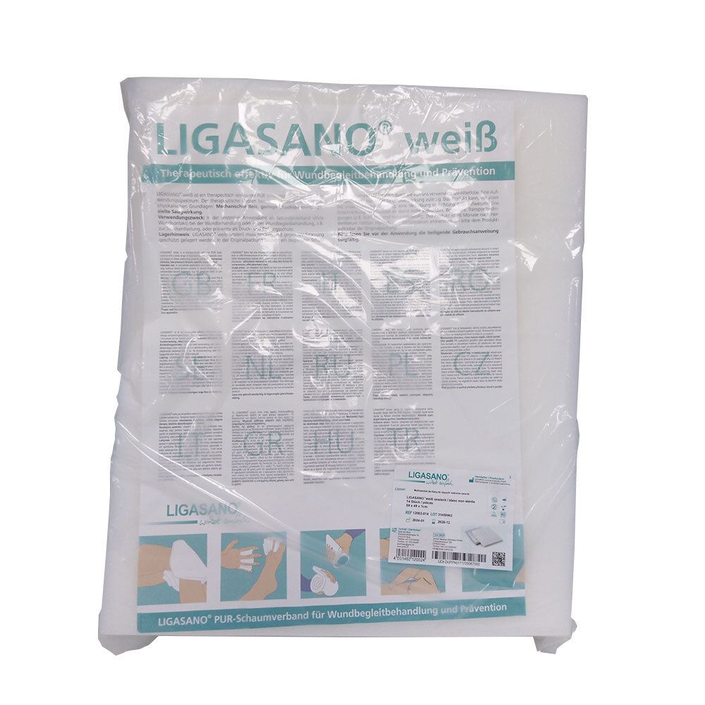 Feuilles de mousse LIGASANO®, blanches, non stériles. Emballage plastique avec informations et pictogrammes.