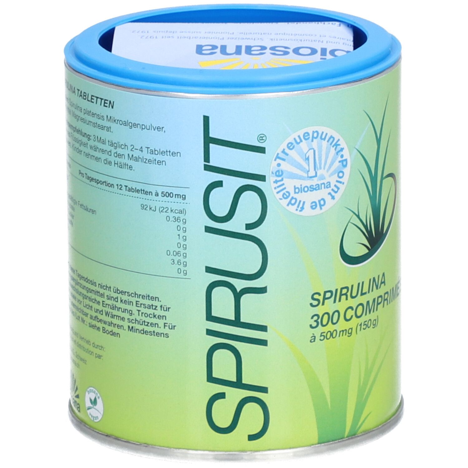 Boîte cylindrique "SPIRUSIT" et "Spirulina 300 comprimés". Couvercle bleu. Fond vert et blanc. Logo "biosana".