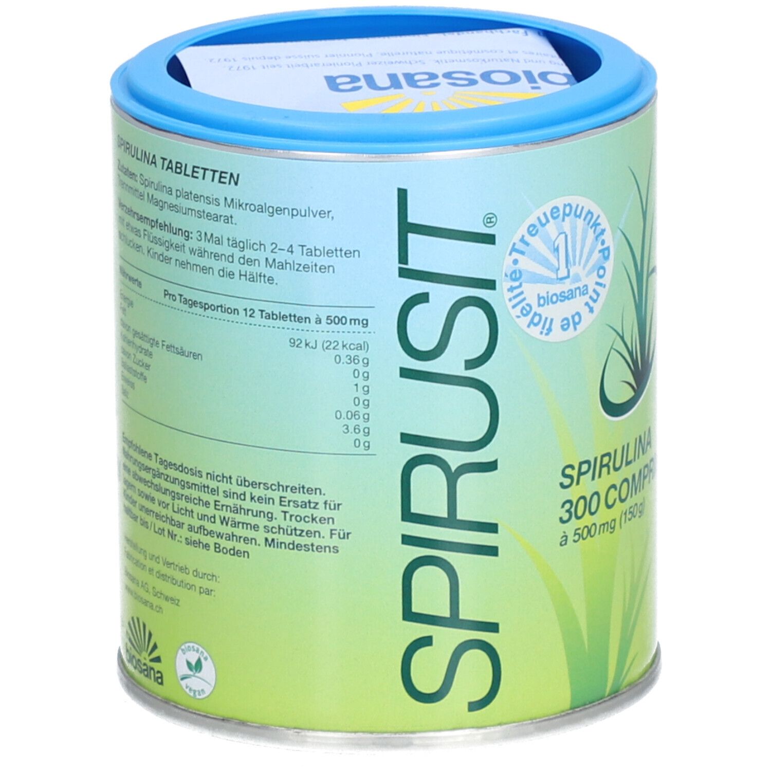 Boîte cylindrique "SPIRUSIT" et "Spirulina 300 COMP.". Couvercle bleu. Fond vert et blanc. Logo "biosana".