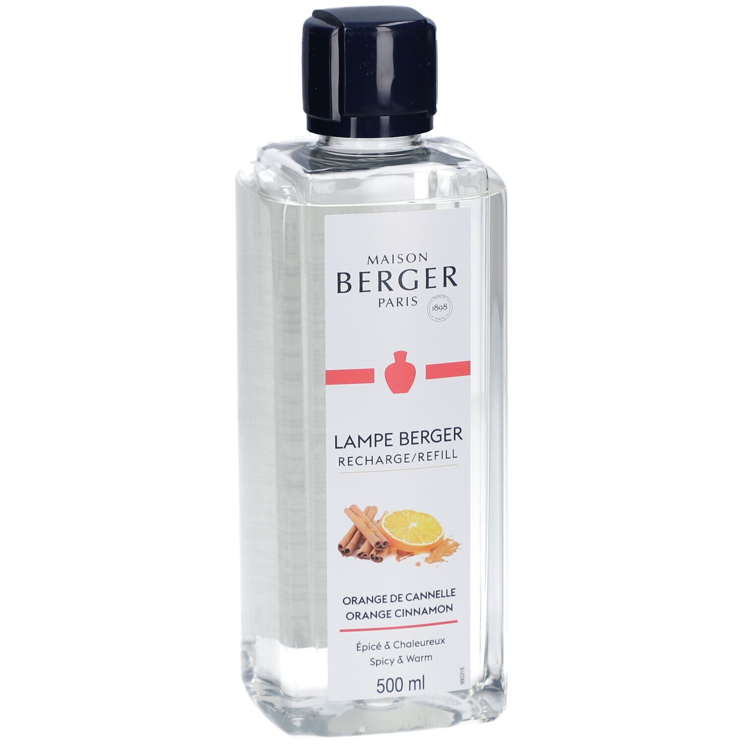 Recharge liquide claire avec bouchon noir. Étiquette avec nom du produit, Orange de Cannelle et illustrations.