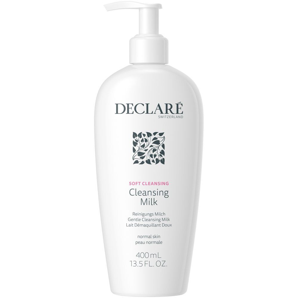 Flacon blanc avec pompe. Logo DECLARÉ et nom du produit. 400ml Cleansing Milk.