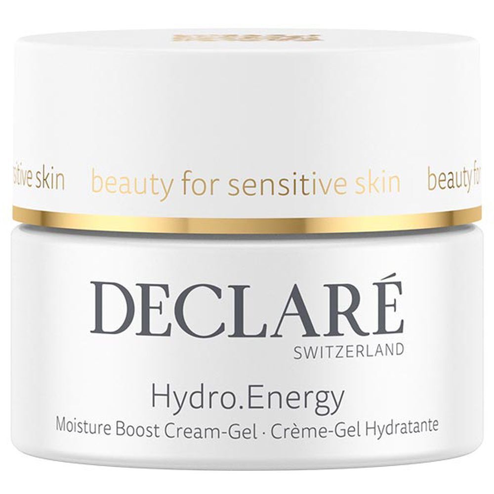 Pot blanc avec bord doré. Logo DECLARÉ et nom du produit Hydro.Energy. Inscription : Moisture Boost Cream-Gel.
