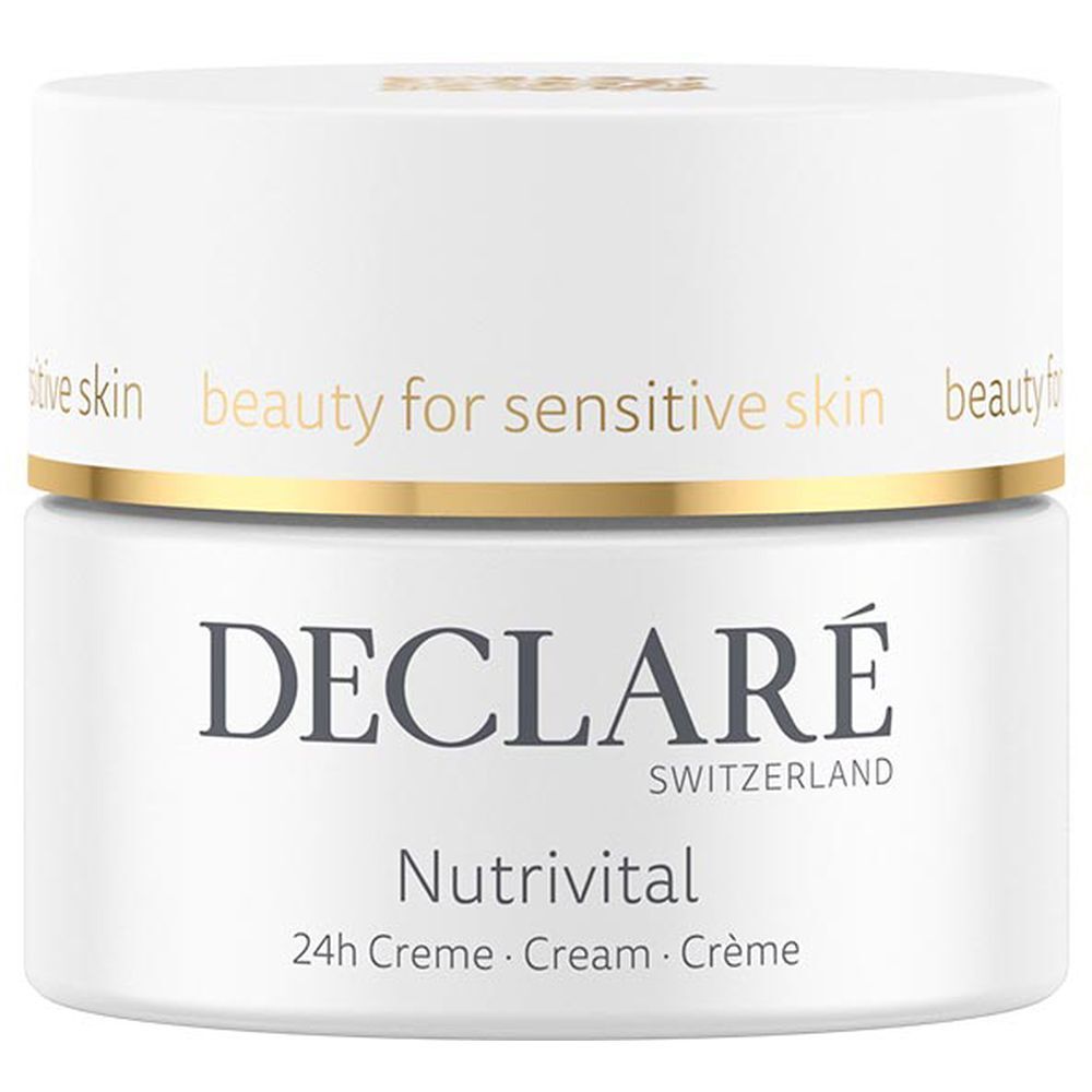 Pot blanc avec couvercle doré. Logo DECLARÉ et nom du produit Nutrivital. Texte : 24h Crème.