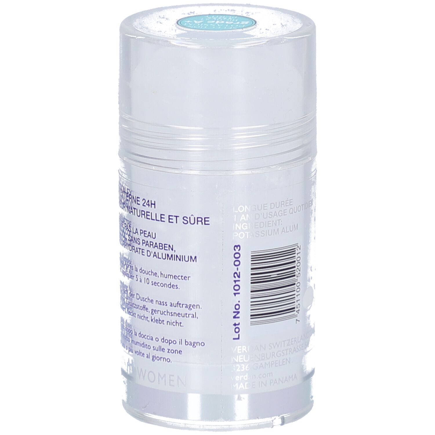 Stick de déodorant avec texte. Inscription: Naturelle et sûre, 24H, sans paraben, sans aluminium. Lot Nr. 1012-003. Pour femmes.