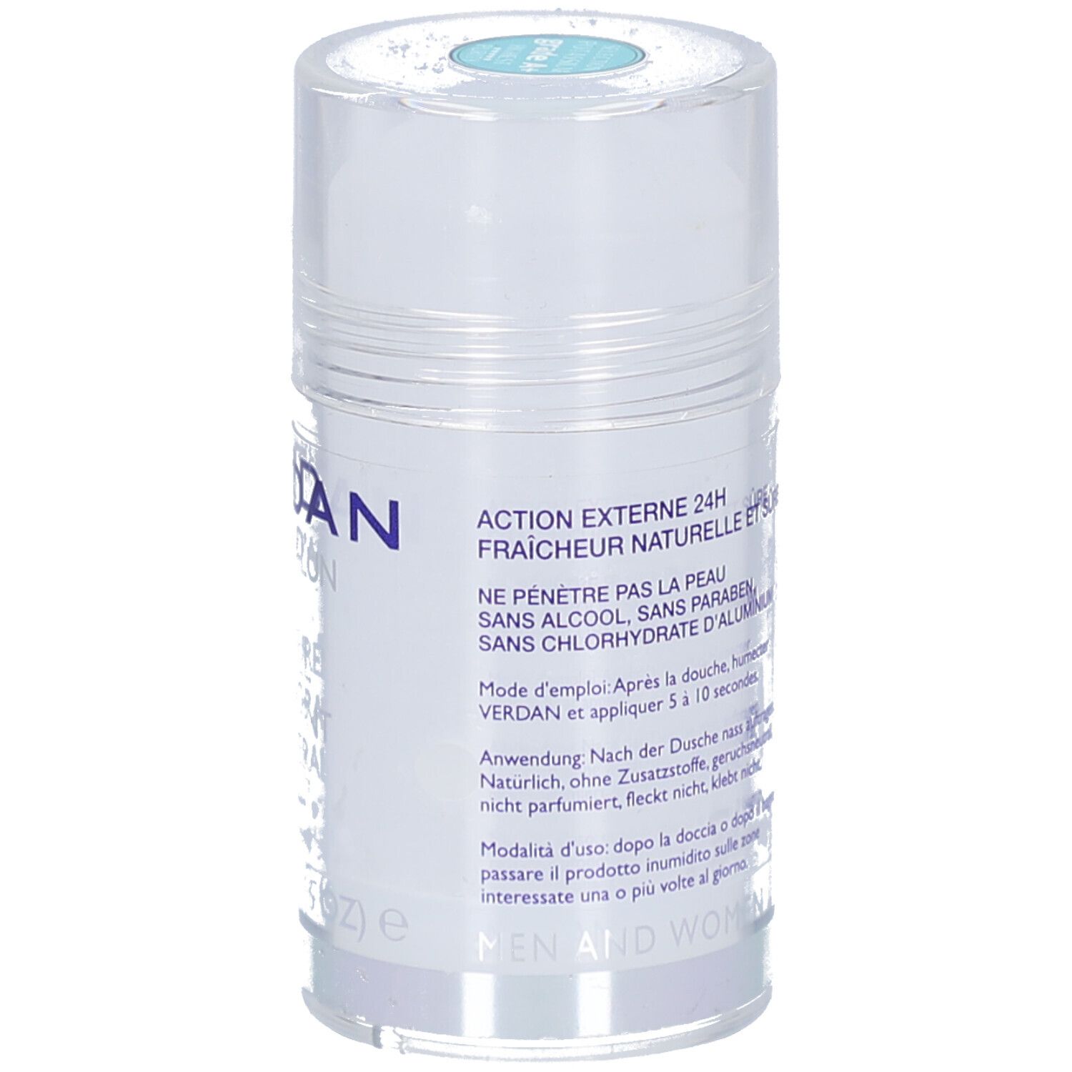 Stick de déodorant avec texte. Inscription: Action externe 24H, ne pénètre pas la peau, sans alcool, sans paraben. Pour hommes et femmes.