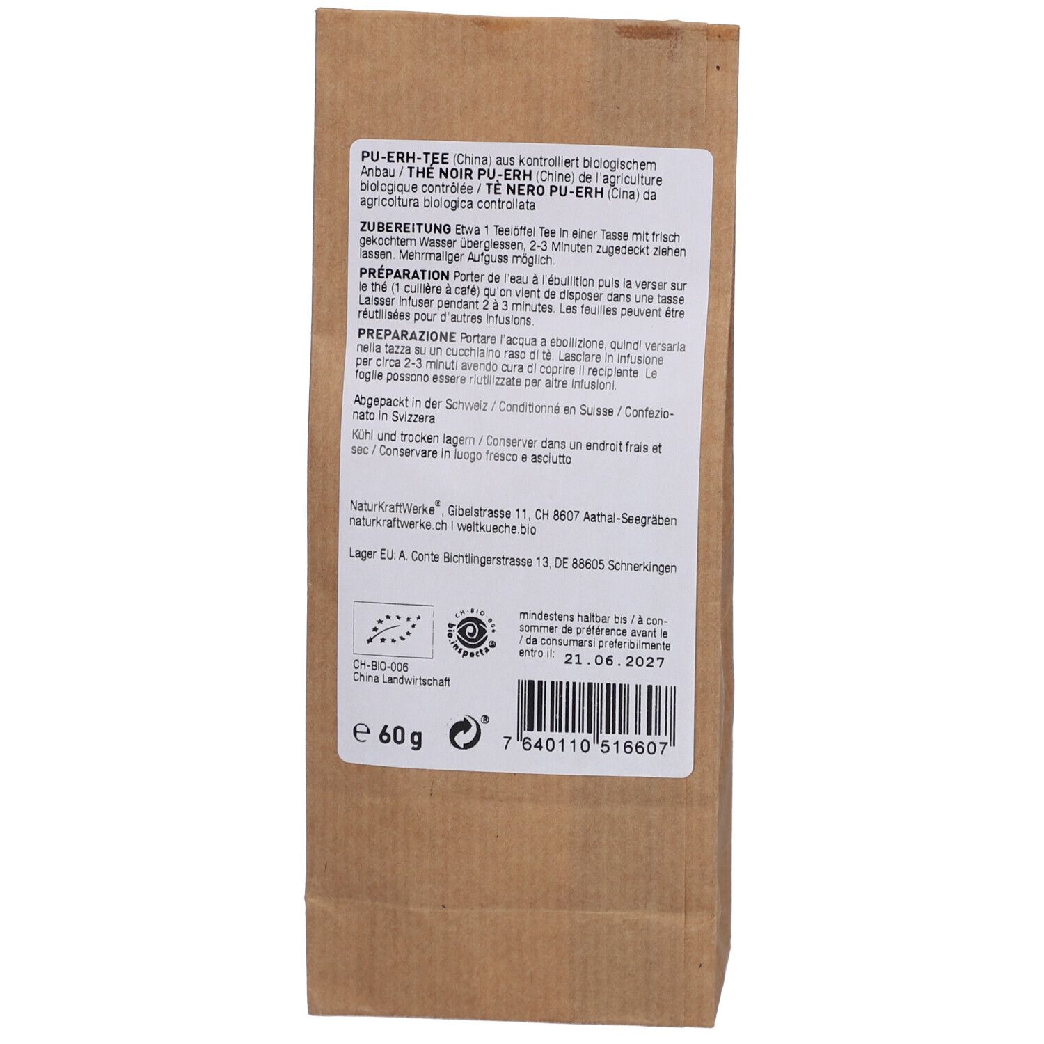 NATURKRAFTWERKE Thé rouge Pu-Erh bio