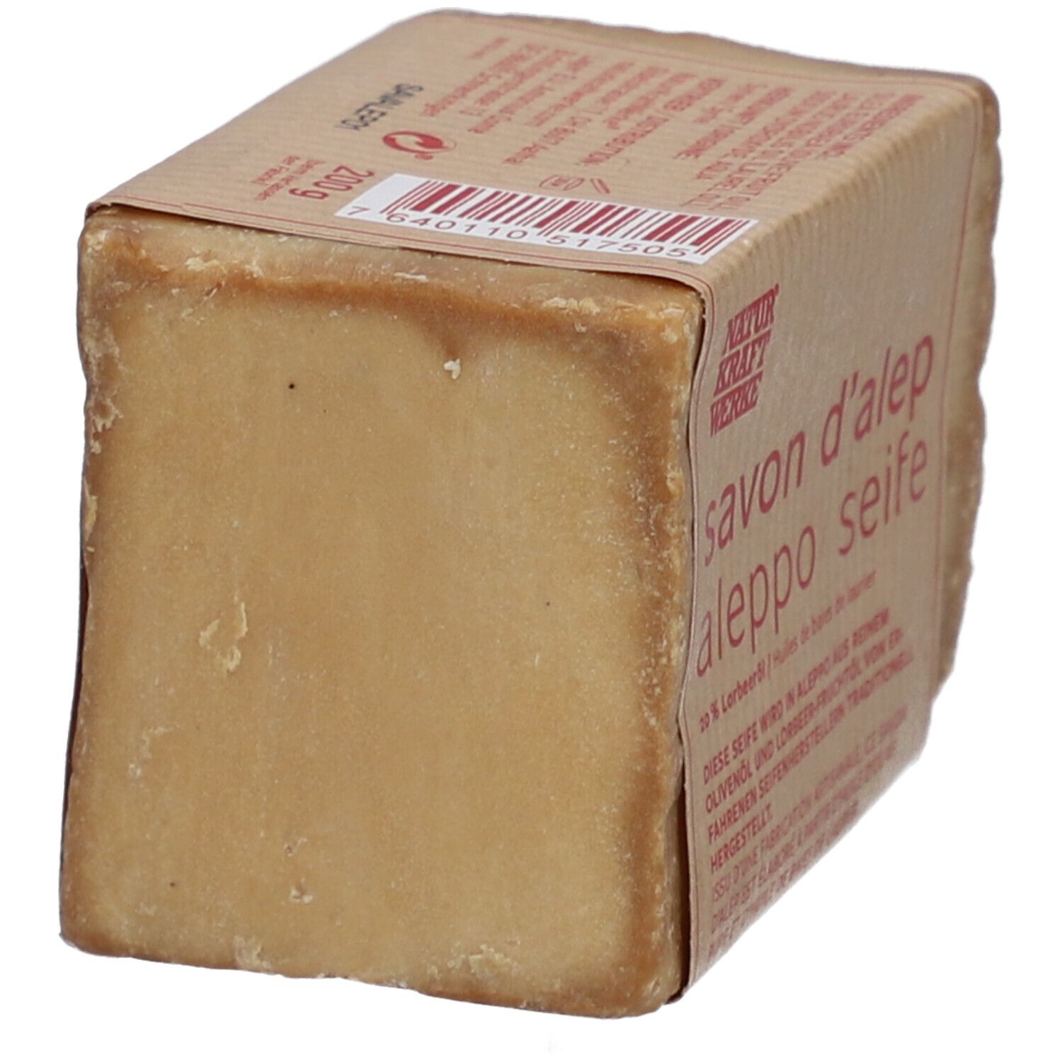 Savon rectangulaire avec emballage en papier. Inscription : savon d'alep aleppo seife. Code-barres et logo Natur Kraft Werke.