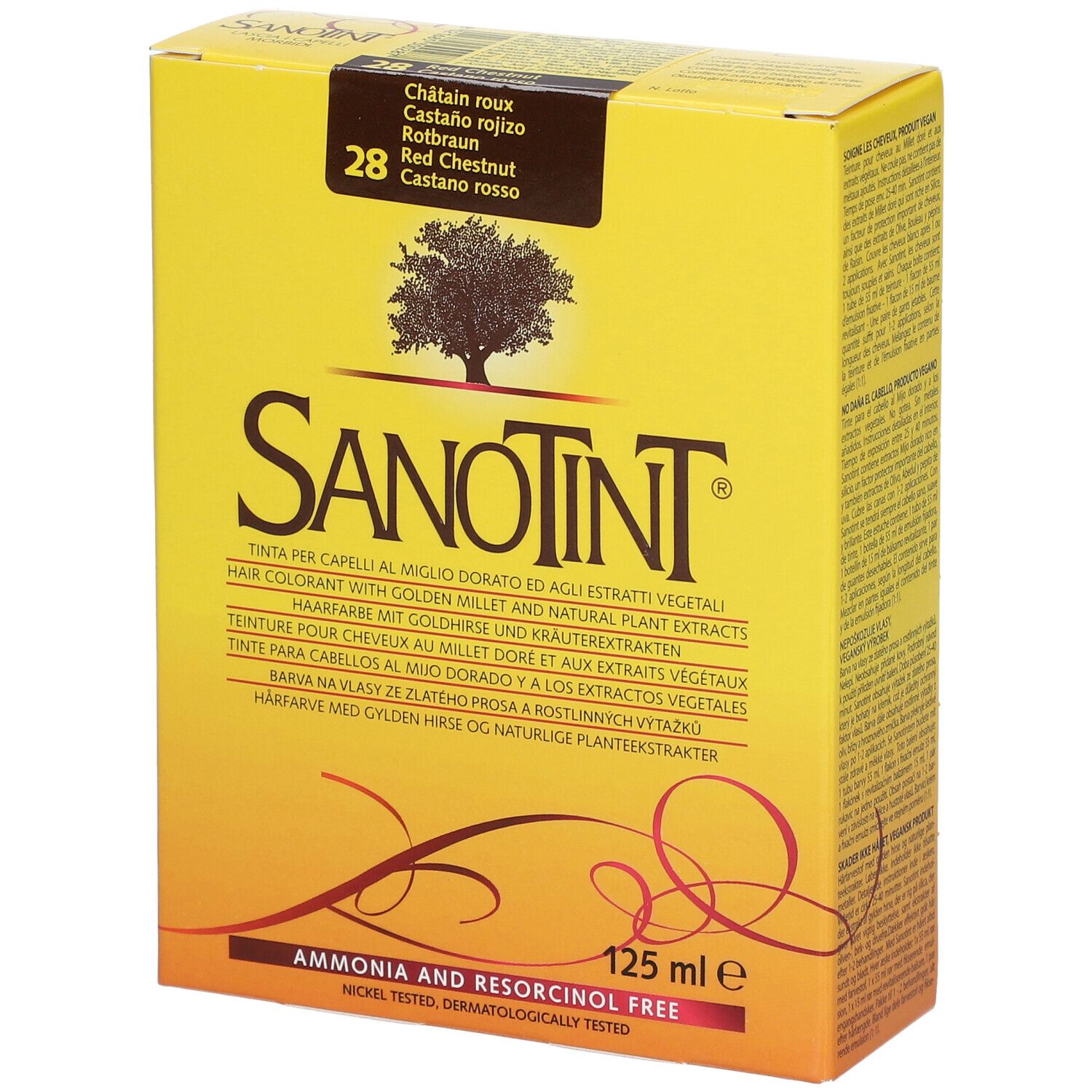 Boîte jaune SANOTINT, n° 28, châtain rouge. Contient 125 ml. Inscriptions multilingues. Sans ammoniaque ni résorcine.