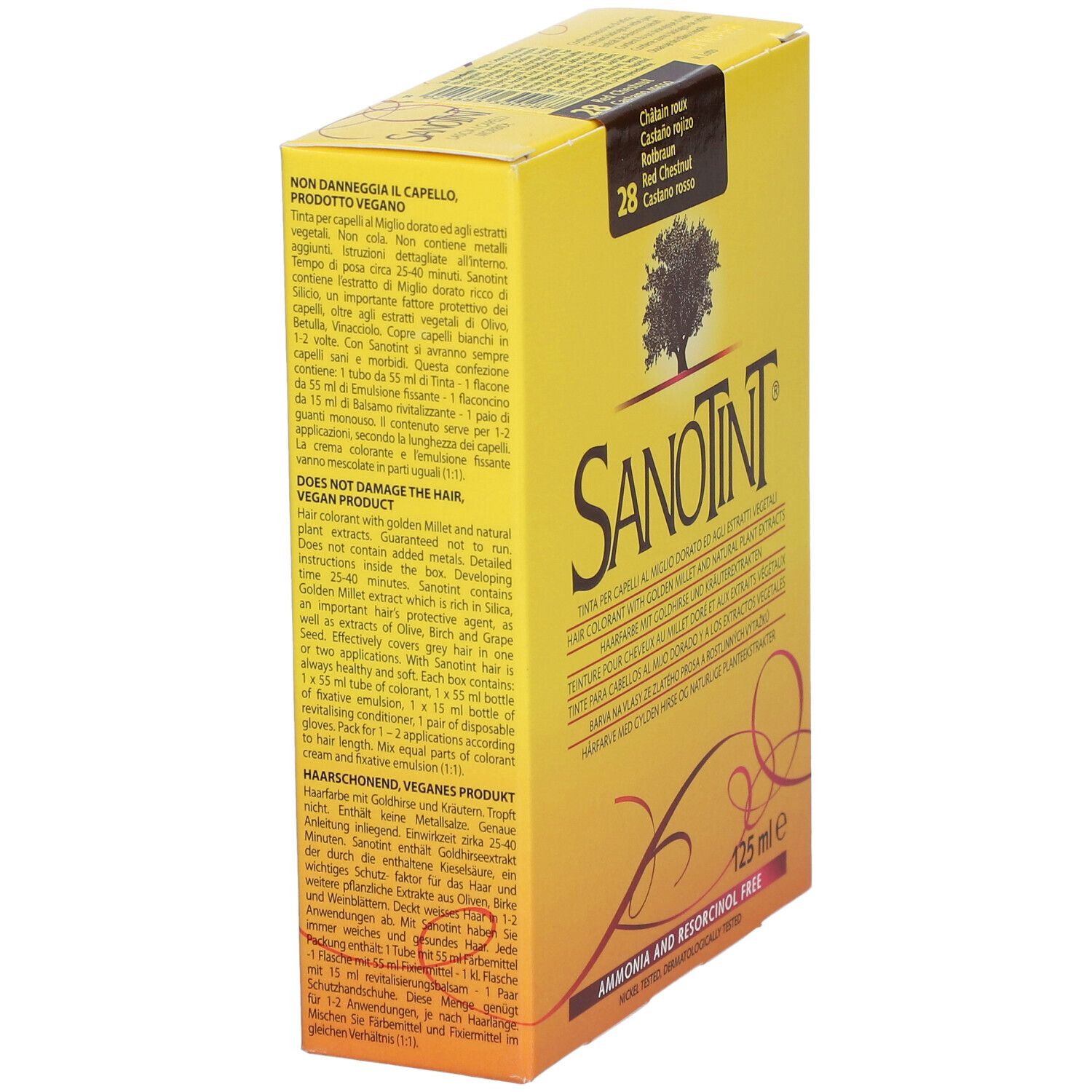 Boîte jaune, SANOTINT, n° 28, châtain rouge. Contient 125 ml. Texte multilingue. Végétalien. Sans ammoniaque ni résorcine.