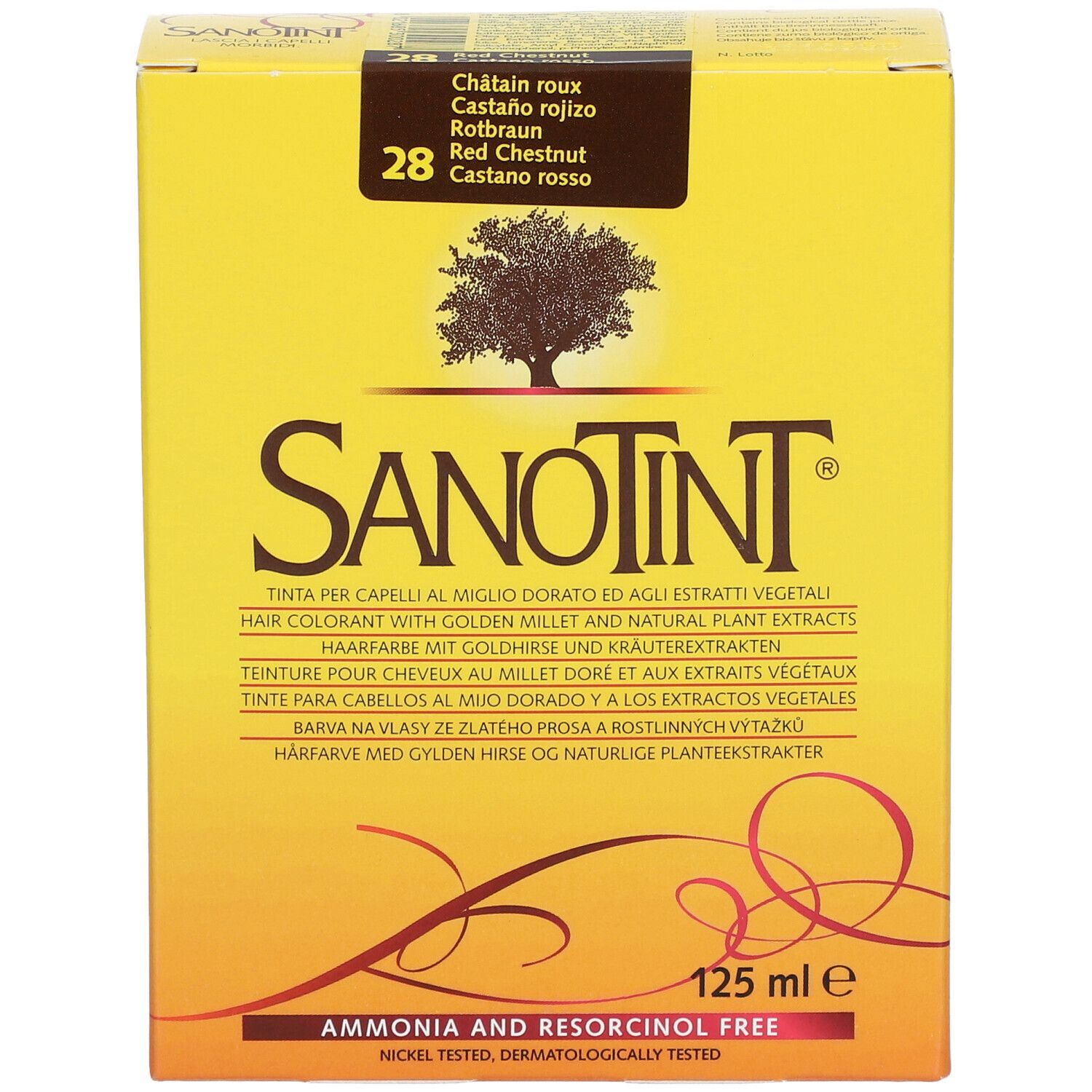 Boîte jaune, SANOTINT, n° 28, châtain rouge. Contient 125 ml. Inscriptions multilingues. Sans ammoniaque ni résorcine.