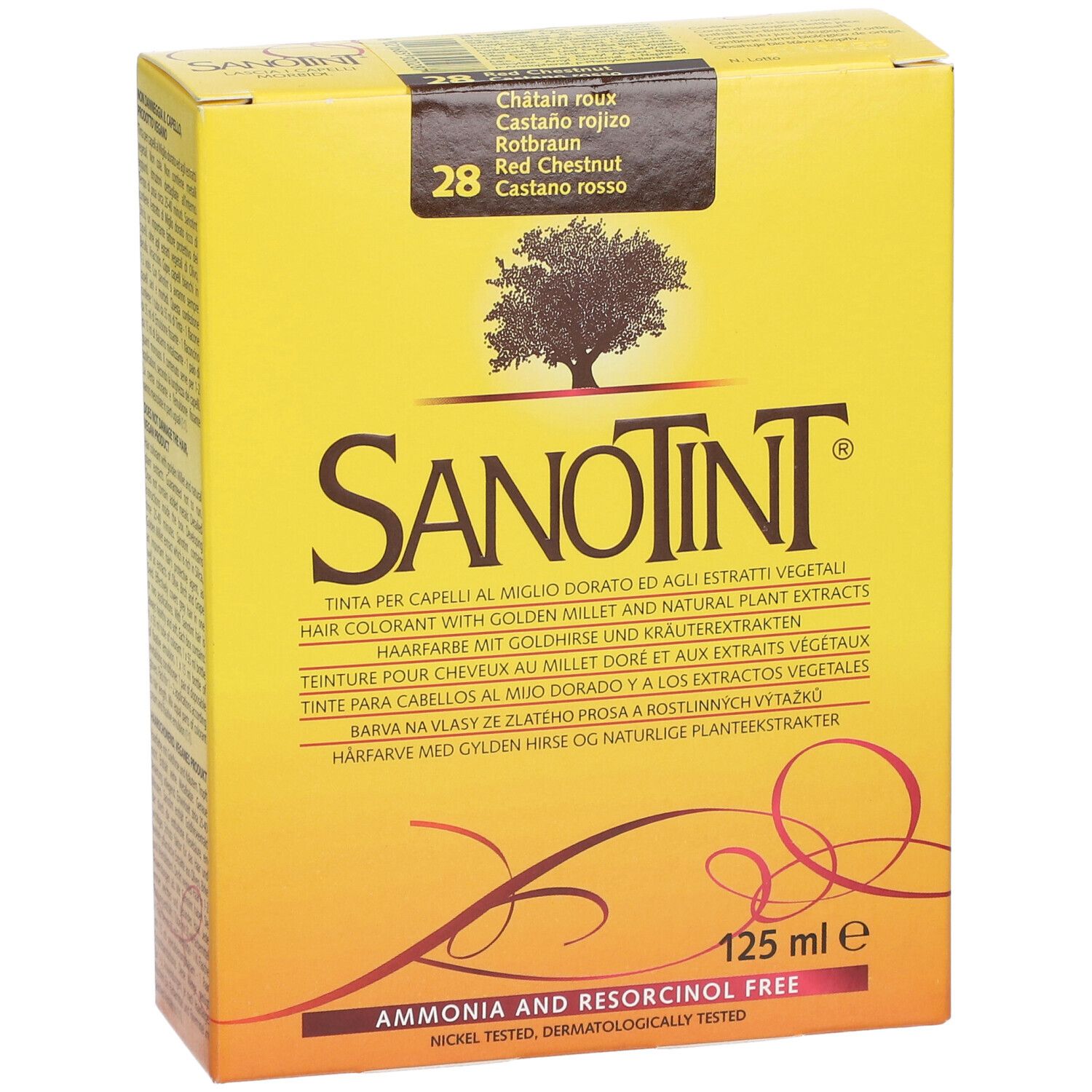 Boîte jaune, SANOTINT, n° 28, châtain rouge. Contient 125 ml. Inscriptions multilingues. Sans ammoniaque ni résorcine.