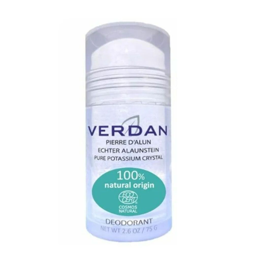 Déodorant en roll-on transparent. Inscriptions: VERDAN, Pierre d'Alun, 100% natural origin, COSMOS NATURAL. Logo de certification.