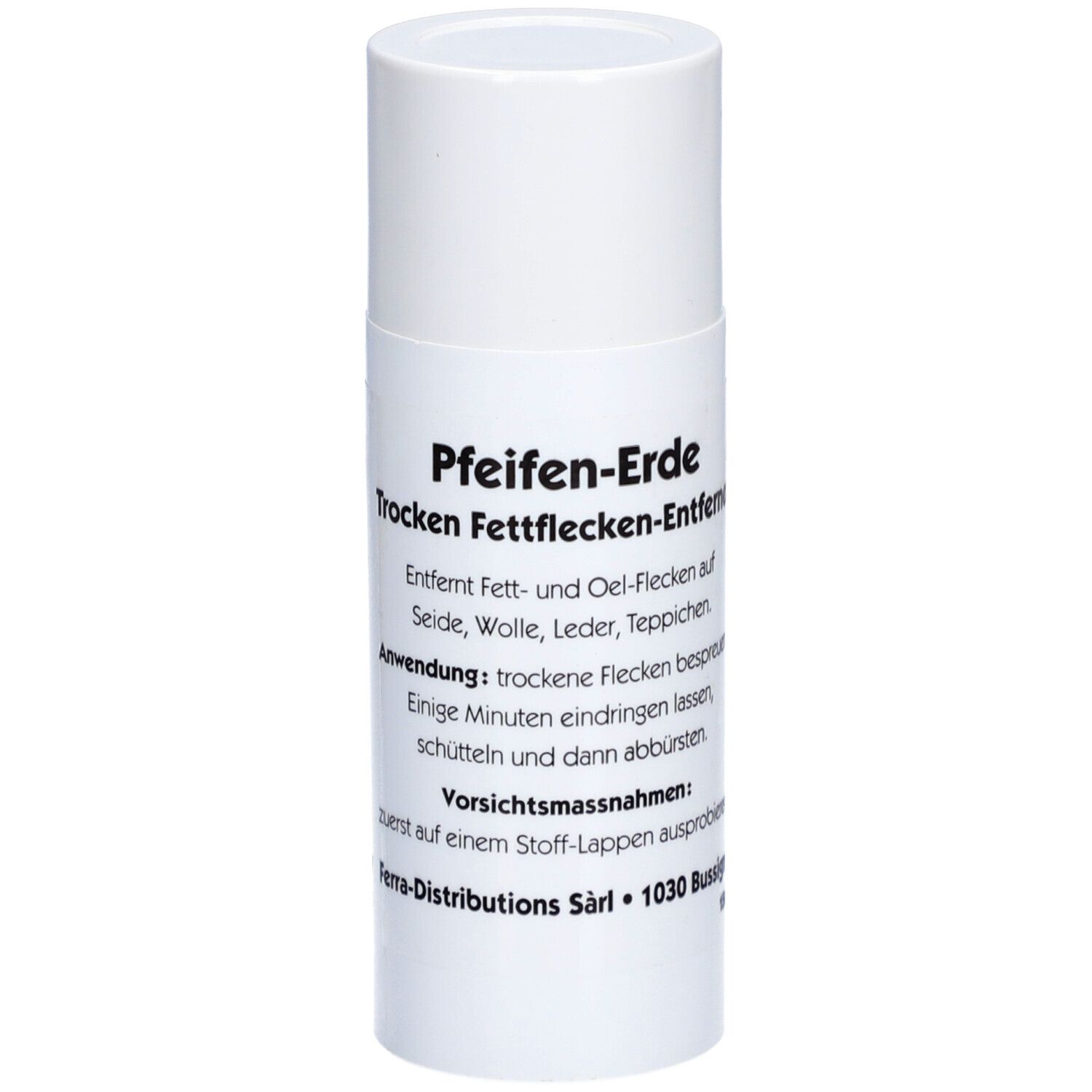 Boîte cylindrique blanche avec texte 'Pfeifen-Erde'. Produit pour enlever les taches de graisse.