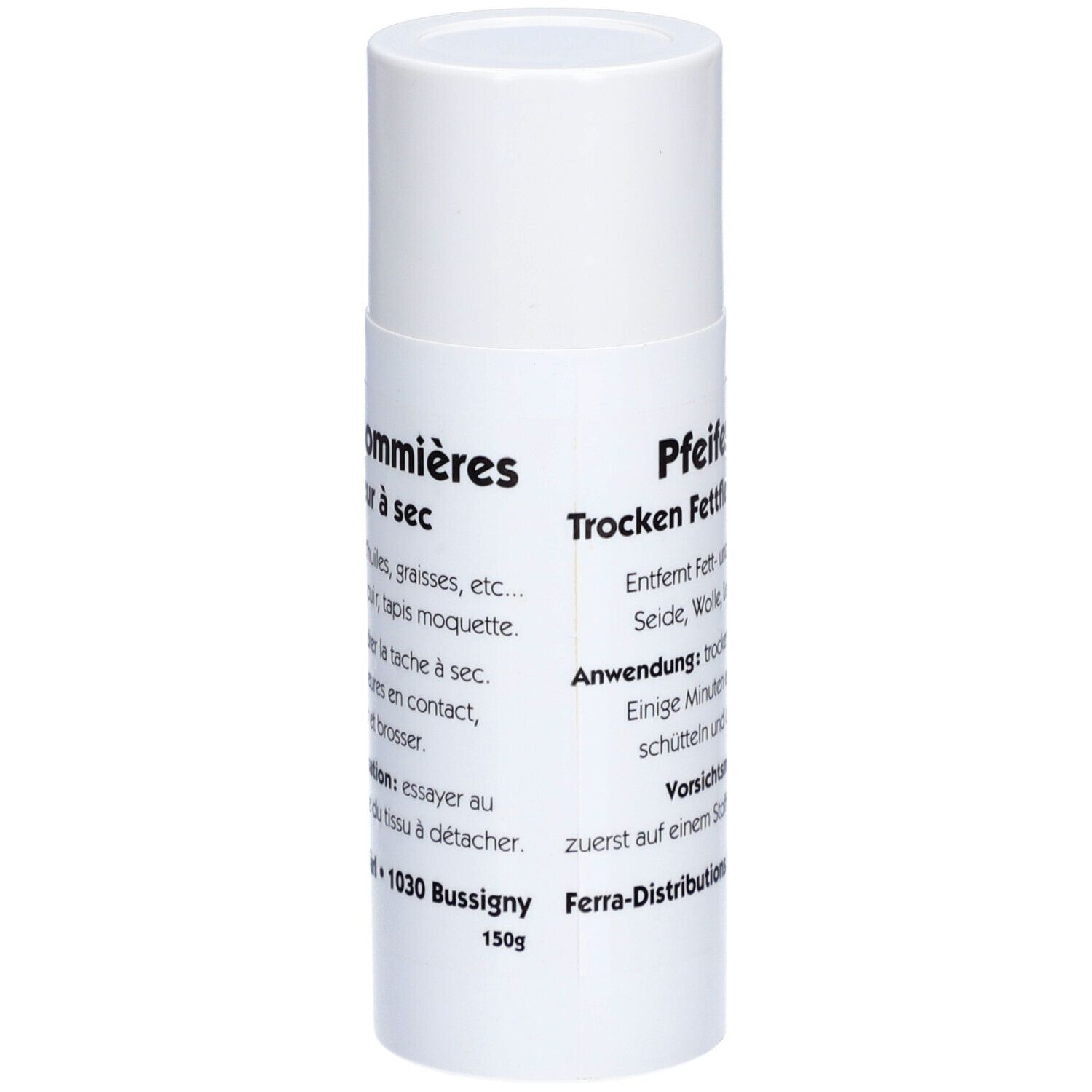Boîte cylindrique blanche avec texte 'Terre de sommières'. Produit pour le nettoyage à sec.