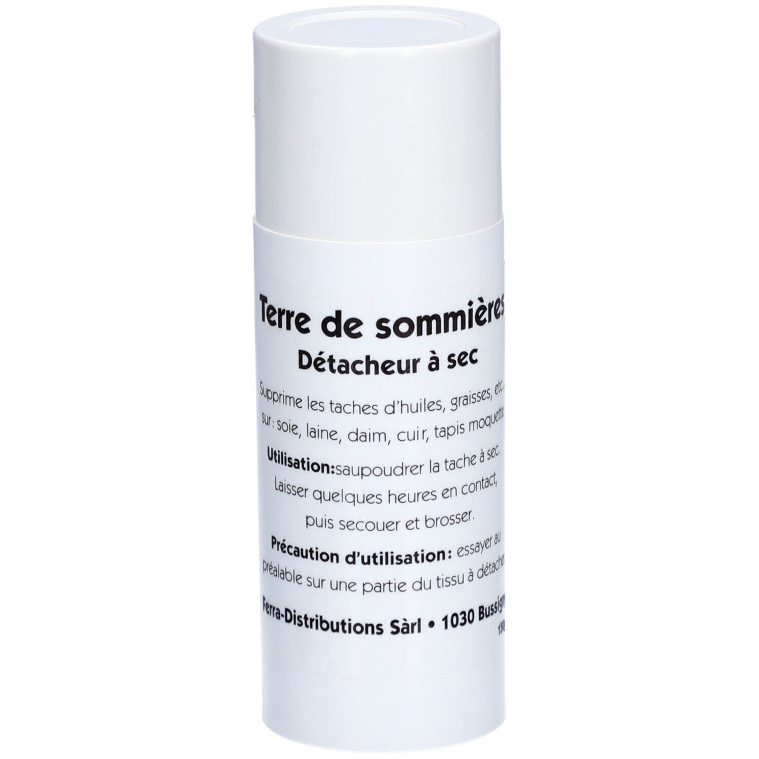 Boîte cylindrique blanche avec texte 'Terre de sommières' et 'Détacheur à sec'.